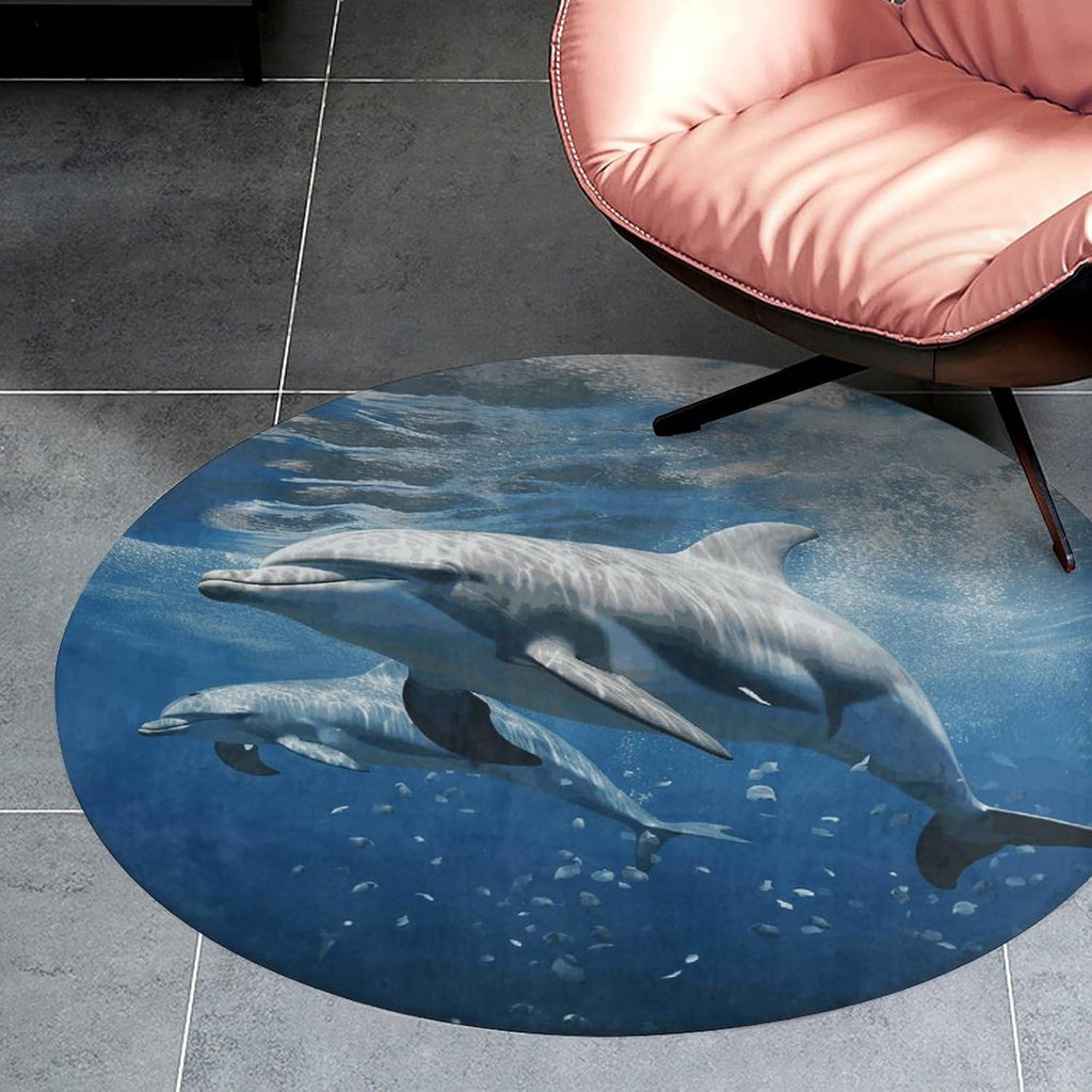 Cute Dolphins Coral Velvet Round Floor Mat Non-Slip Bath Rug Floor Covering for Bathroom Vanity Guest Suite & Vacation Home
