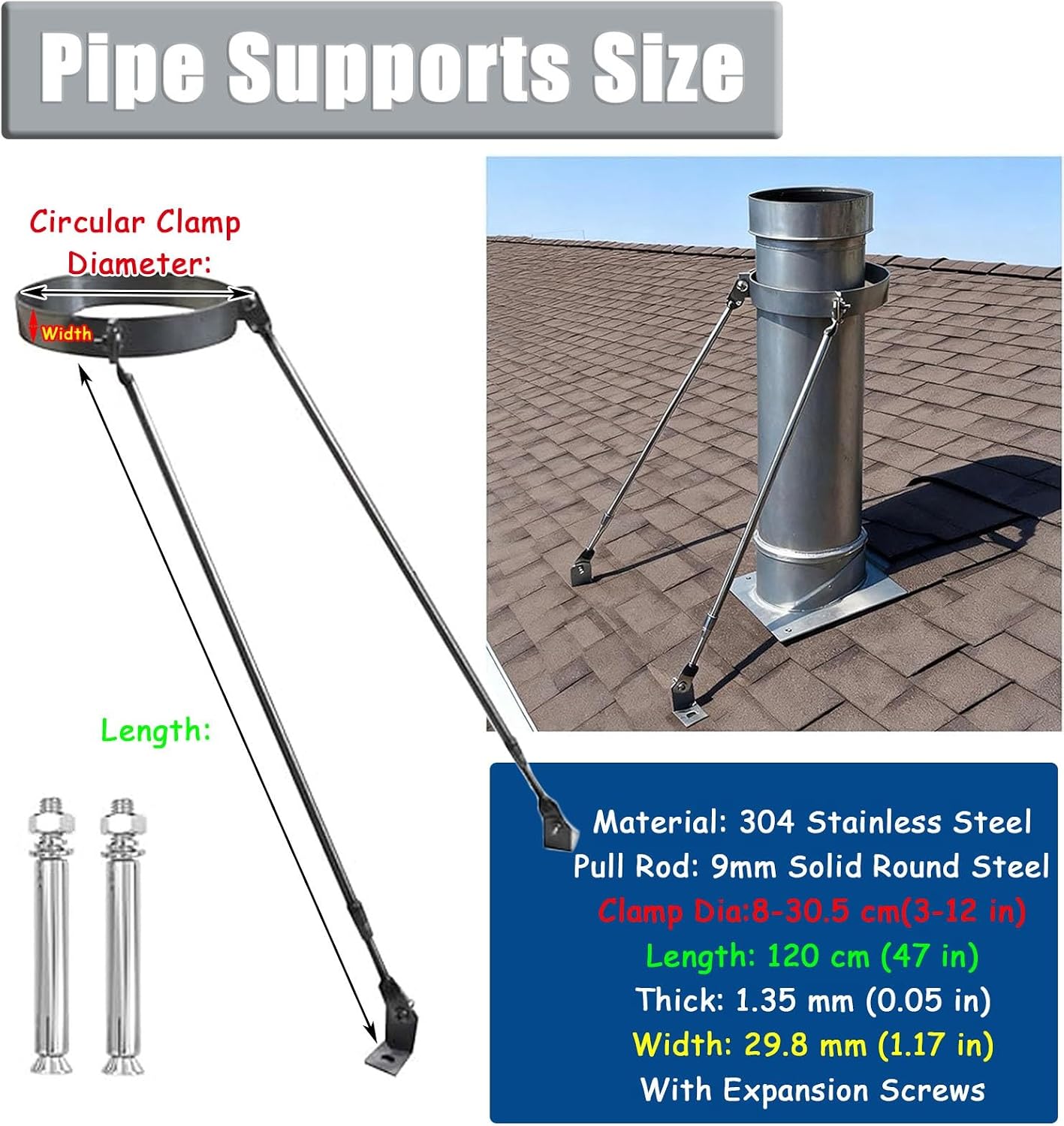 Extended Roof Brace Chimney Pipe Bracket, 3' to 12' Universal Wood Stove Pipe Support Kit, Weatherproof Furnace Tube Fixing Rod with Screws(8.5cm (3.3') Dia)