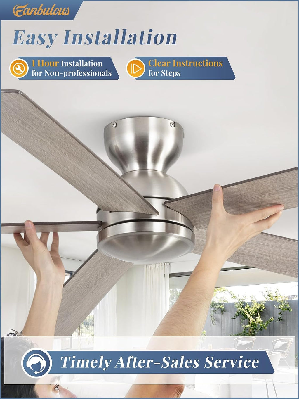 60 Inch low profile ceiling fan, Brushed Nickel Large Ceiling Fan no Lights, 6-Speeds, Quiet Reversible DC Motor, Indoor/Outdoor Ceiling Fans no light for Patios, Living Room, Bedroom