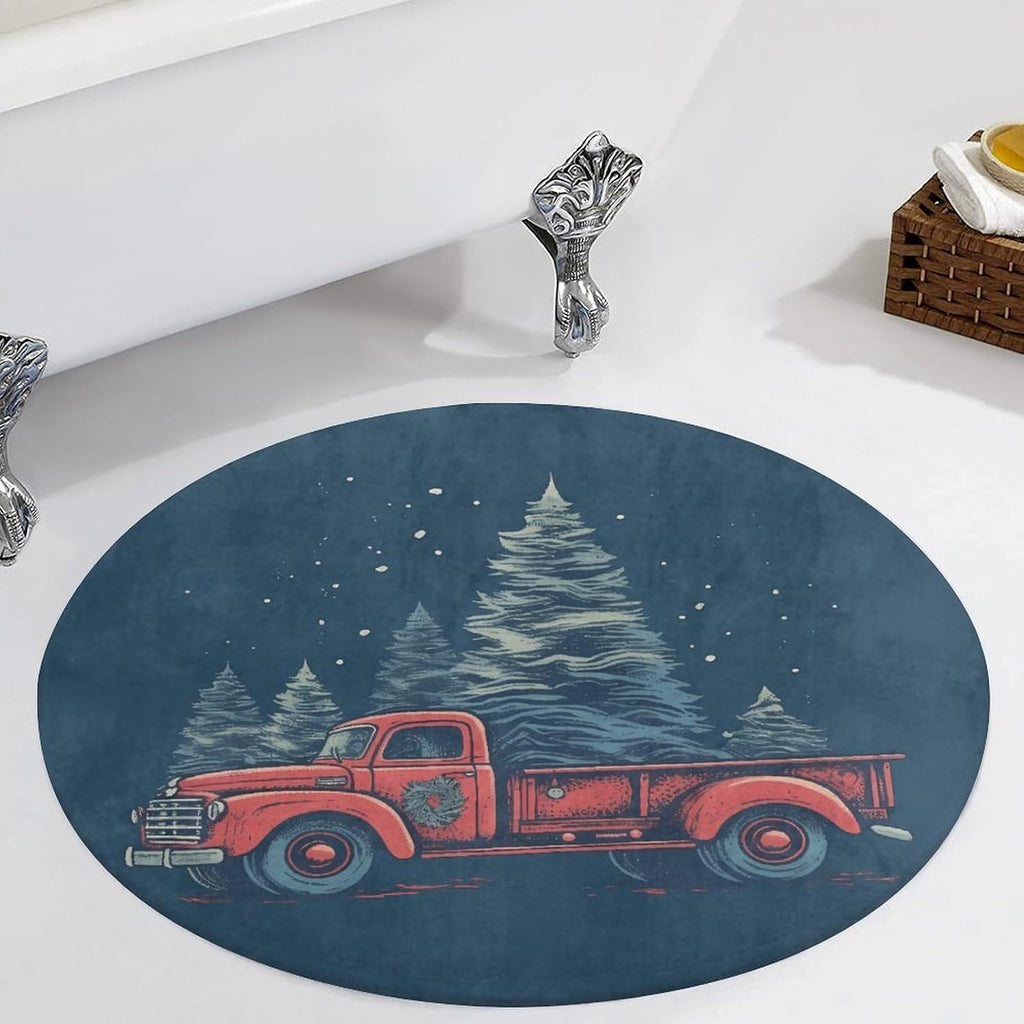 Red Truck with Christmas Tree Coral Velvet Round Floor Mat Non-Slip Bath Rug Floor Covering for Bathroom Vanity Guest Suite & Vacation Home