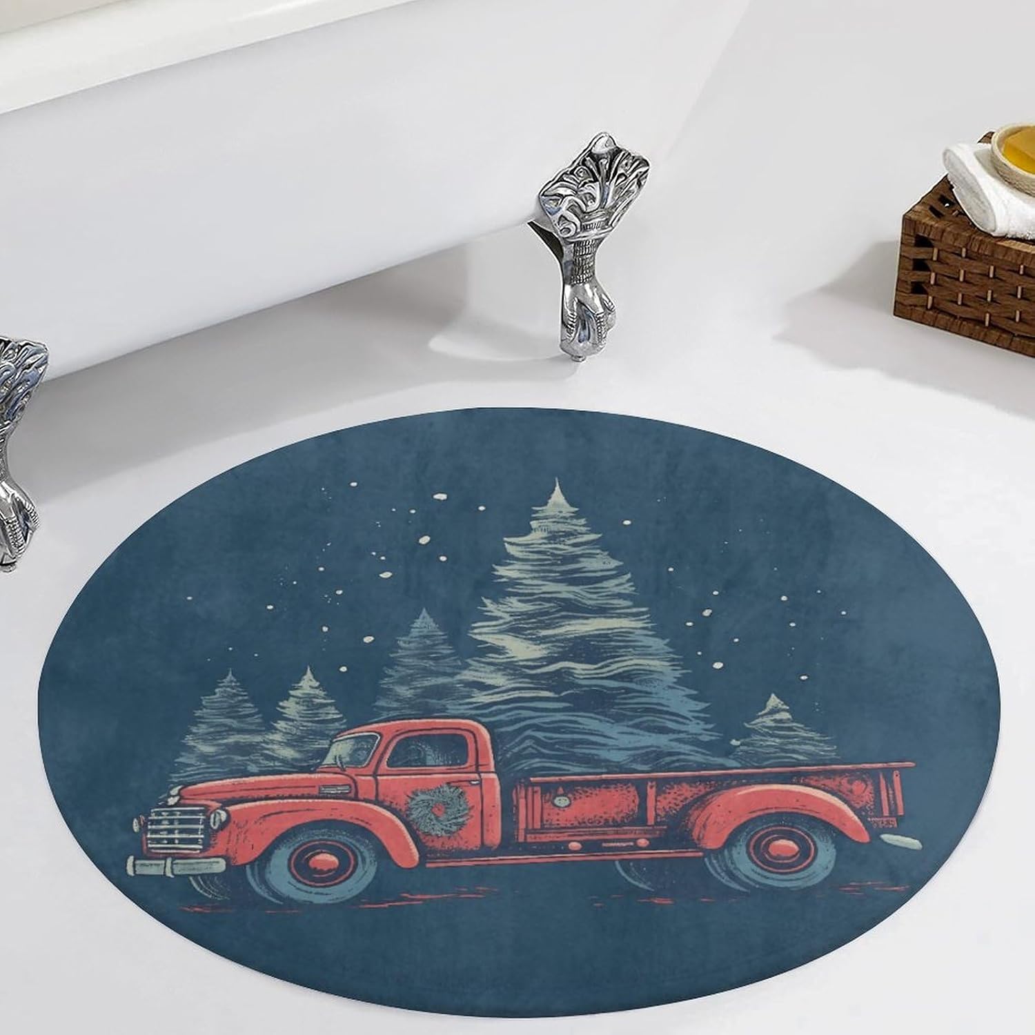 Red Truck with Christmas Tree Coral Velvet Round Floor Mat Non-Slip Bath Rug Floor Covering for Bathroom Vanity Guest Suite & Vacation Home
