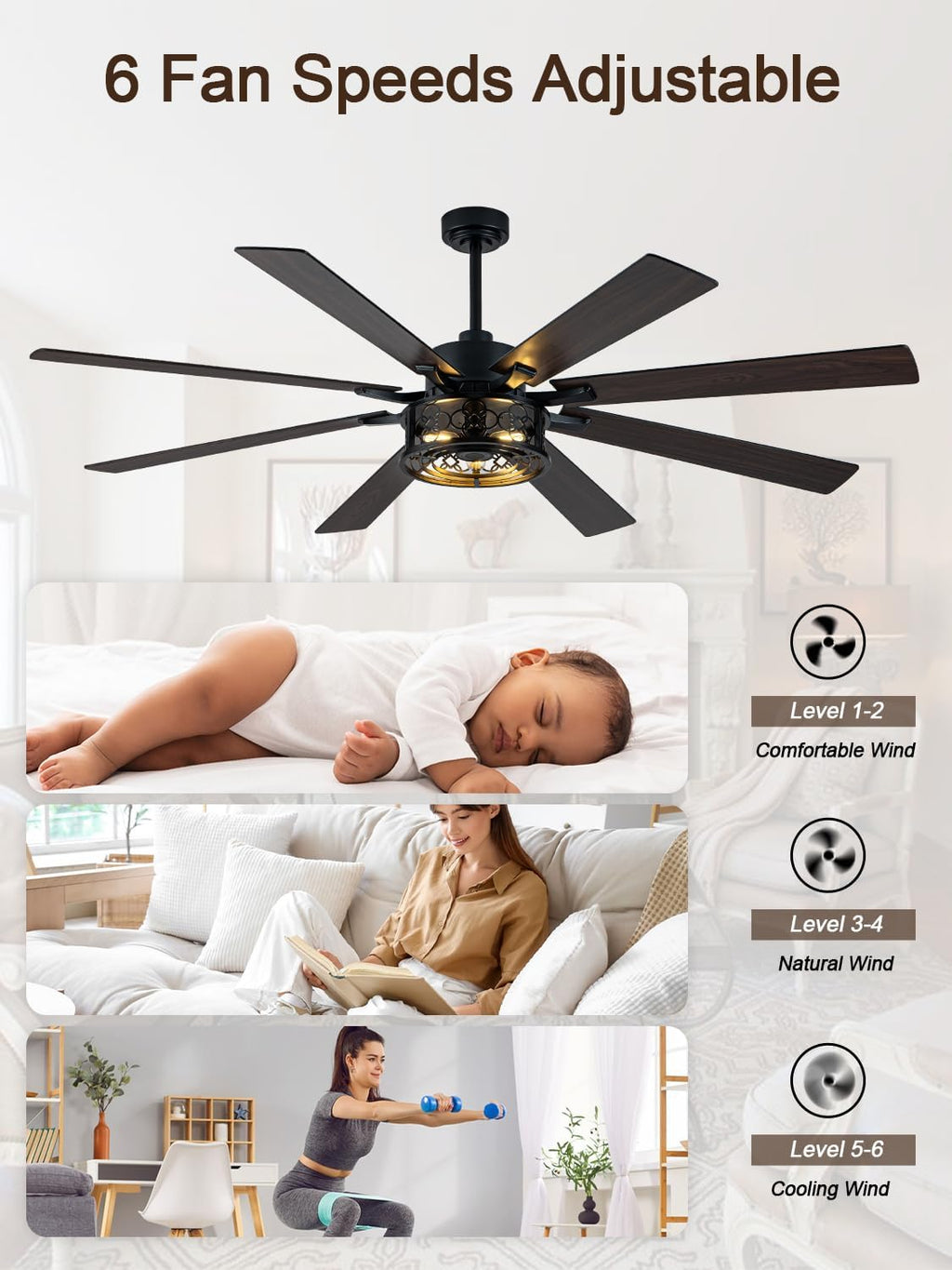 72 Inch Farmhouse Ceiling Fan with Lights and Remote Large Rustic Ceiling Fan Black Caged Fandelier Industrial Chandelier Light, Reversible Quiet DC Motor 6 Speed for Indoor Outdoor