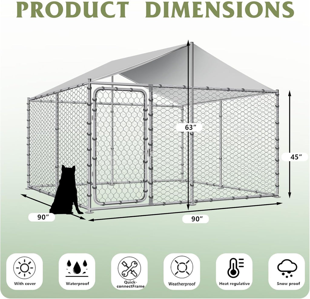 Large Outdoor Kennel, Heavy Duty With Water&UV-Resistant Proof, Galvanized Steel Pens Outside House for Dog Run, Playpen (90' L x 90' W x 63' H), Silver