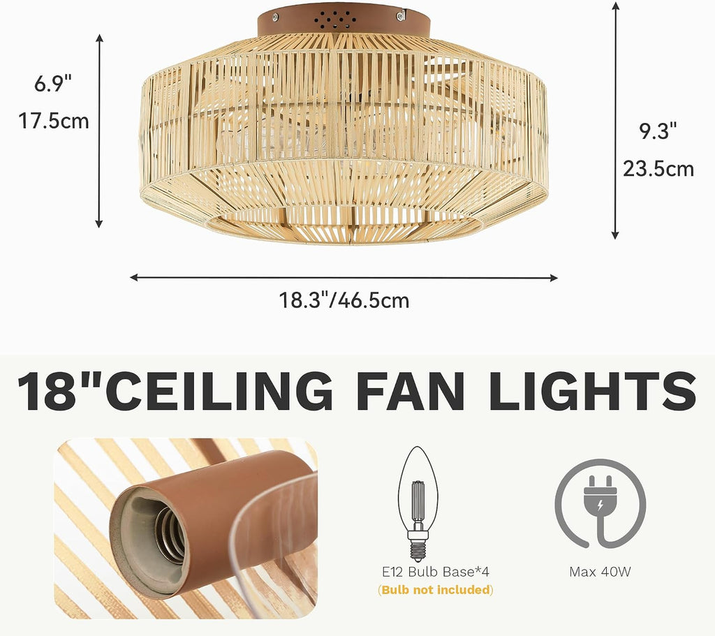 DWVO 18 Inch Caged Ceiling Fan with Lights, Flush Mount Boho Fandelier Rustic Ceiling Fan with Remote Control, Enclosed 6 Speeds, Reversible for Bedroom, Kitchen, Living Room (Yellow)