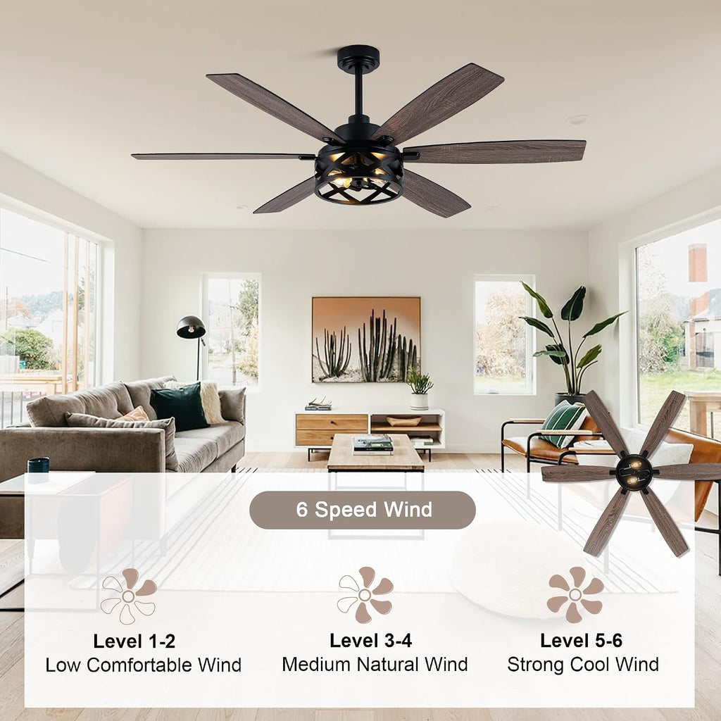 60' Farmhouse Ceiling Fan with Lights and Remote, Large Rustic Ceiling Fan Industrial Caged Fandelier Chandelier Light, Quiet DC Motor 6 Speed 6 Reversible Blades for Living Room Bedroom
