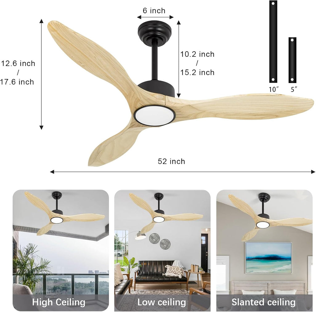 52 inch Ceiling Fans with Lights and Remote, 3 Natural Wood Blades, Modern Indoor/Outdoor Ceiling Fan for Living Room Bedroom Farmhouse Patio, 6 Speeds, Dimmable, Noiseless Reversible DC Motor