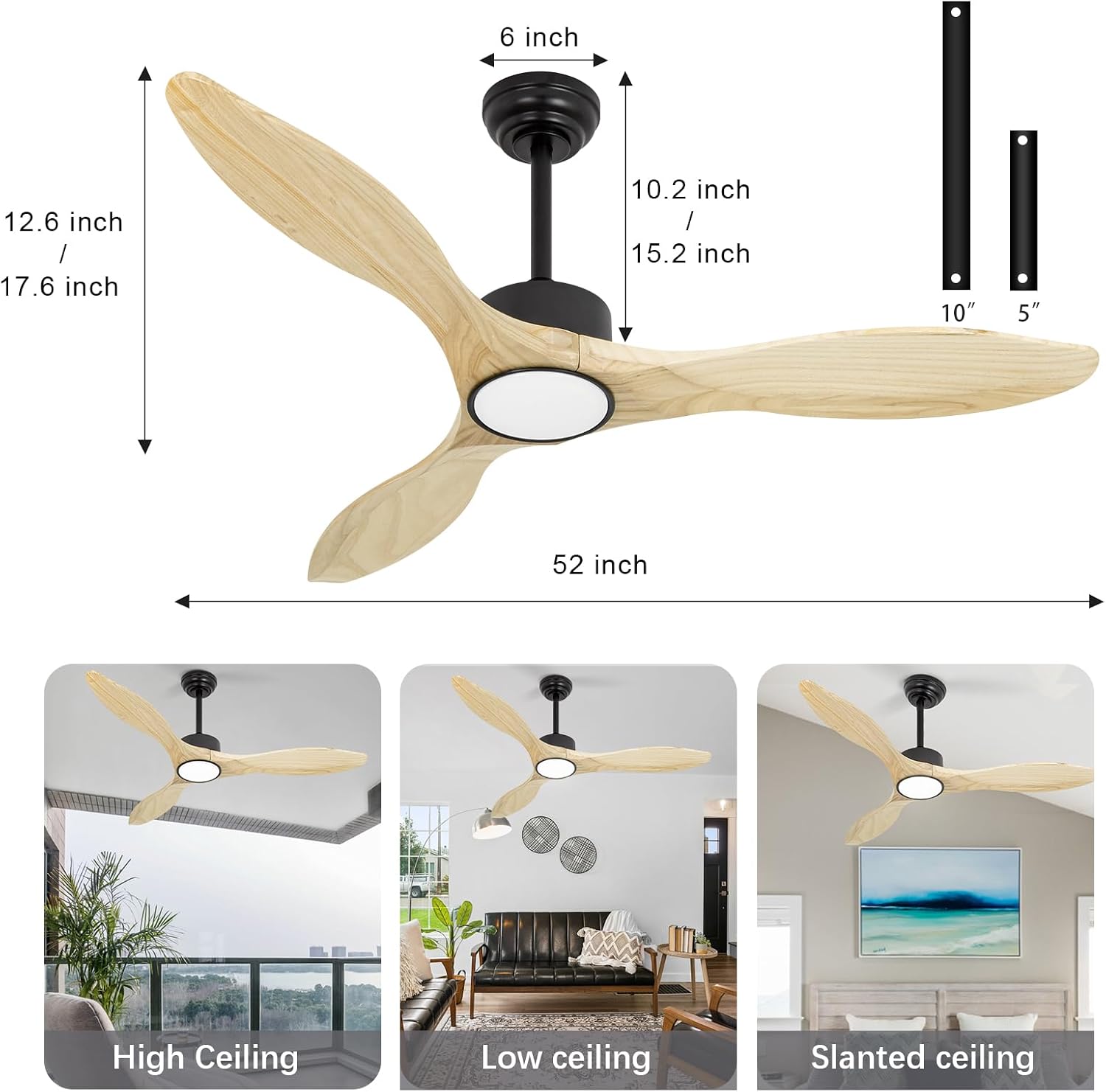 52 inch Ceiling Fans with Lights and Remote, 3 Natural Wood Blades, Modern Indoor/Outdoor Ceiling Fan for Living Room Bedroom Farmhouse Patio, 6 Speeds, Dimmable, Noiseless Reversible DC Motor