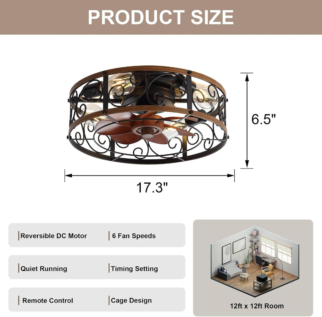 18'' Caged Ceiling Fan with Lights and Remote Flush Mount Farmhouse Ceiling Fan Low Profile Bladeless Fandelier Small Vintage Rustic Chandelier Reversible Motor 6 Speeds for Bedroom Kitchen