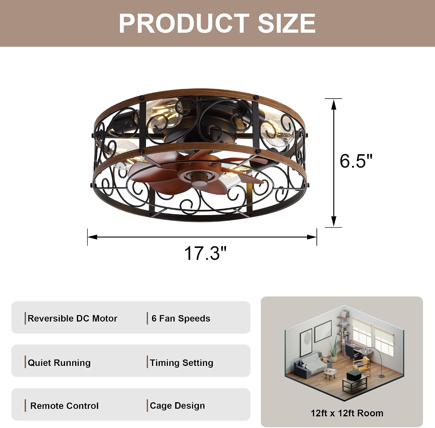 18'' Caged Ceiling Fan with Lights and Remote Flush Mount Farmhouse Ceiling Fan Low Profile Bladeless Fandelier Small Vintage Rustic Chandelier Reversible Motor 6 Speeds for Bedroom Kitchen