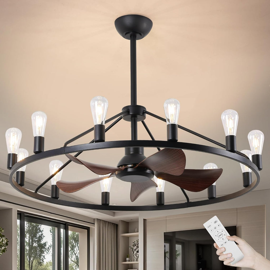 Miuyhji Wheel Ceiling Fan 44 Inches Large,Industrial Ceiling Fans with Lights and Remote,Vintage Chandelier Fans with 12 Candle Lights, Wagon Wheel Chandelier with Fan for Indoor