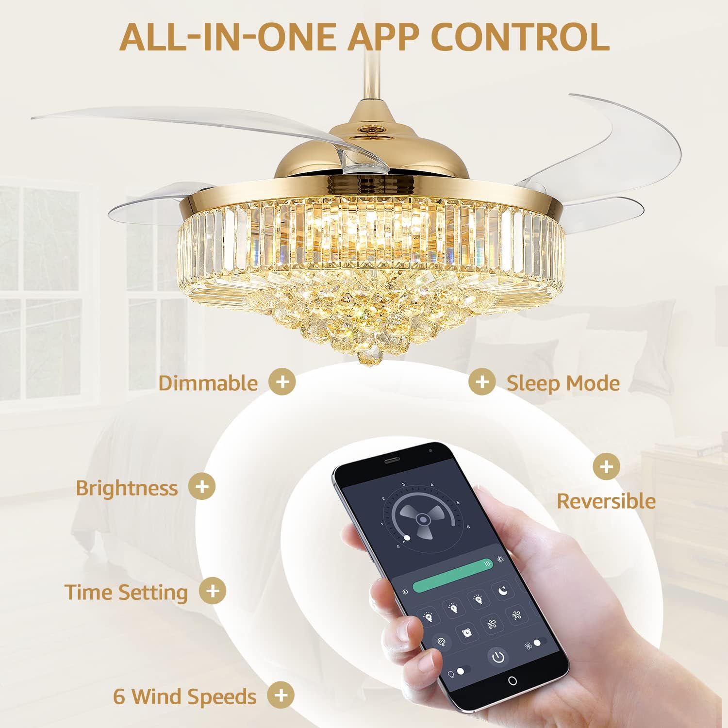 52 Inch Crystal Ceiling Fan with Light and Remote Modern Dimmable Fandelier Invisible Retractable Chandelier Fan Gold for Bedroom Living Room