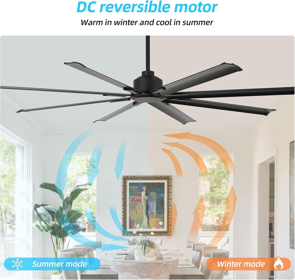 72 Inch Ceiling Fan No Light with Remote Control, 8 Blades Quiet DC Reversible Motor, 6-Speed, Timer, Black, Indoor Outdoor Ceiling Fans for Patios, Living Room, Garage