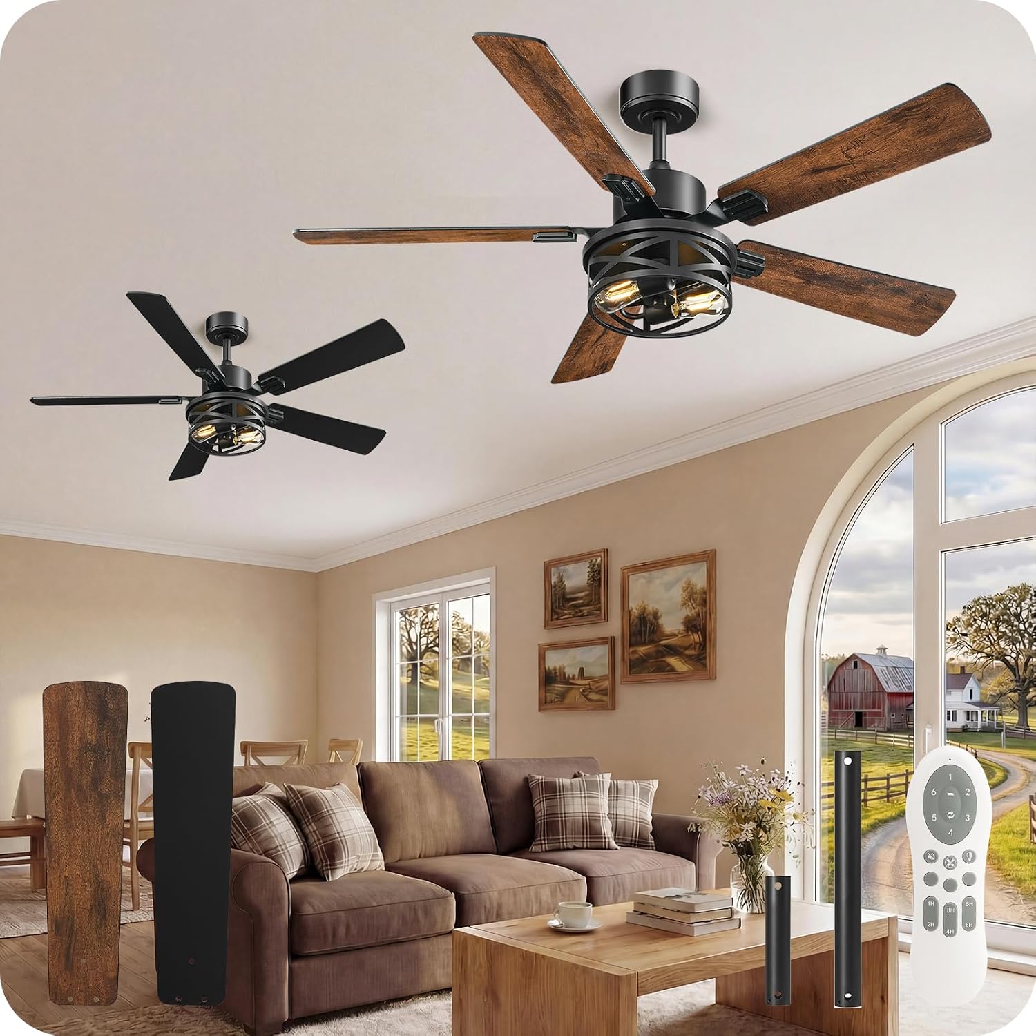 2 PACK 52 Inch Farmhouse Ceiling Fans with Lights and Remote, Timer, Dual Finish 5 Blades (Walnut and Black), 6 Speeds, Reversible DC Motor, Rustic & Industrial Caged Ceiling Fan FB01CFP205