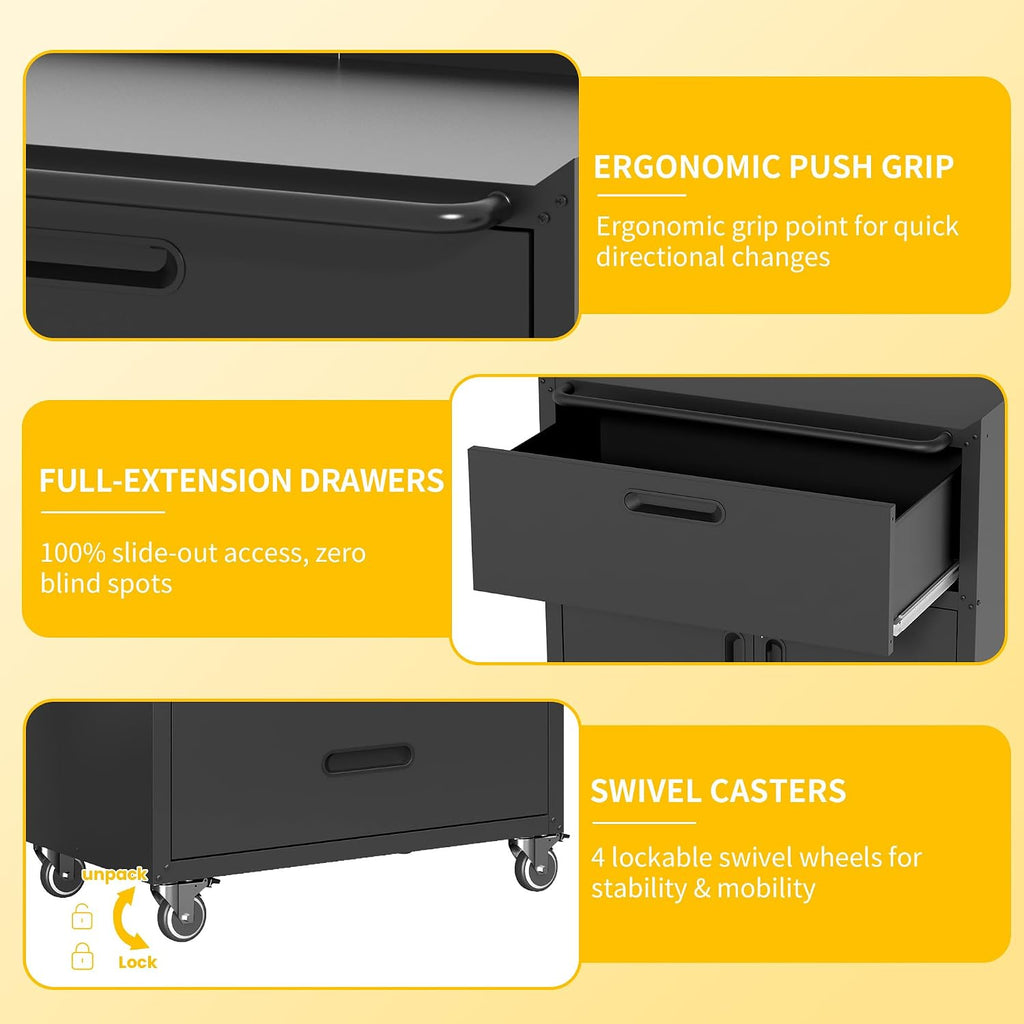Garage Storage Cabinets with Wheels, Locking Metal Storage Cabinets with 2 Doors and 1 Drawer, Easy Assembly Tool Cabinet for Garage, Basement,Warehouse