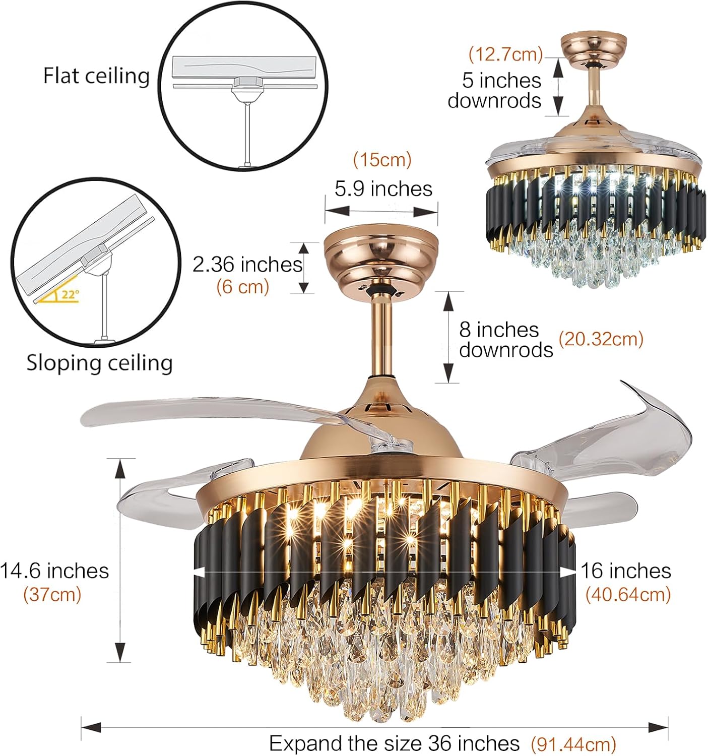 36' Dimmable Black and Gold Crystal Chandelier with Fan, Gold Fandelier Ceiling Fans with Lights and Remote Modern Retractable Blade Ceiling Fans for Dinning Room Living Room Kitchen