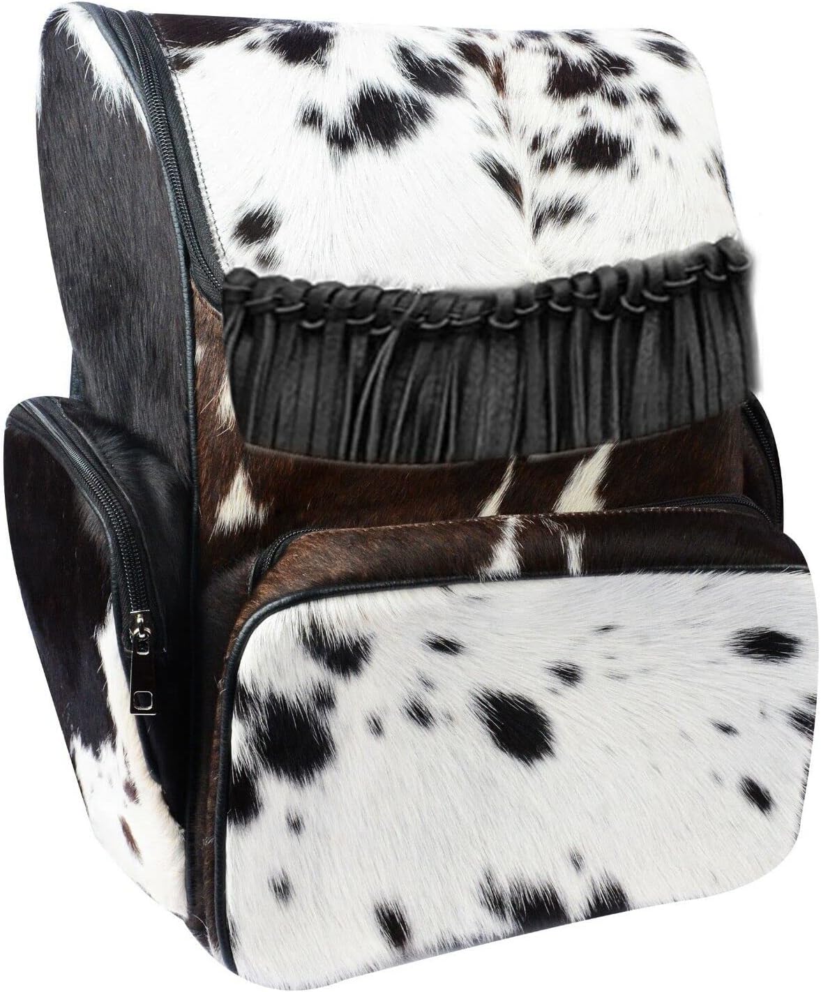Black Cowhide Leather Diaper Bag Fringe Backpack - Western Style Mother's Day Gift Artisan Cow Print Travel Rucksack for Stylish Moms