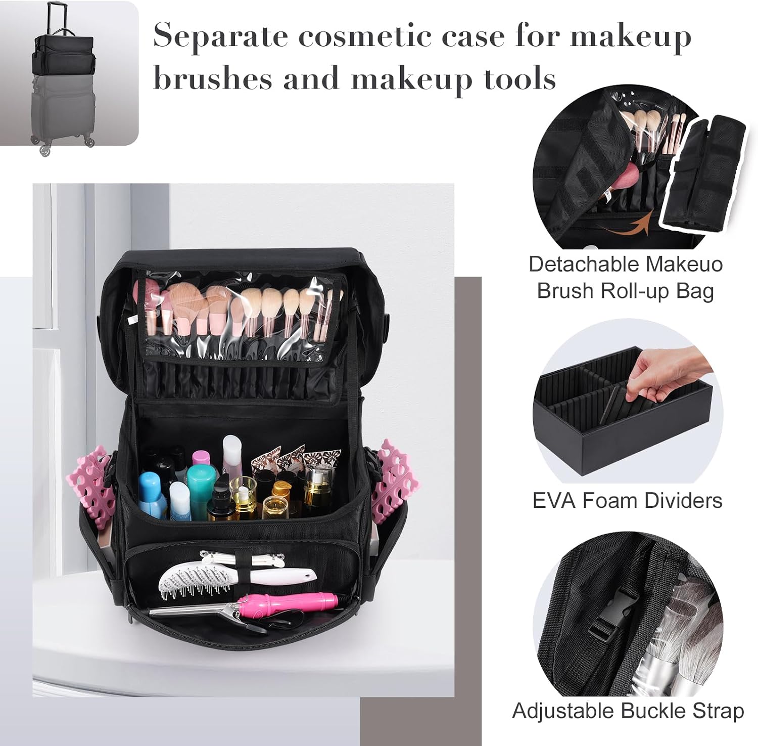 Stagiant Professional Rolling Makeup Case, Soft Sided Make up Train Case, Travel Organizer Portable with Wheel for Makeup Artist Cosmetology Nail Technician Hair Stylist Supplies, 2 In 1 Nylon Black