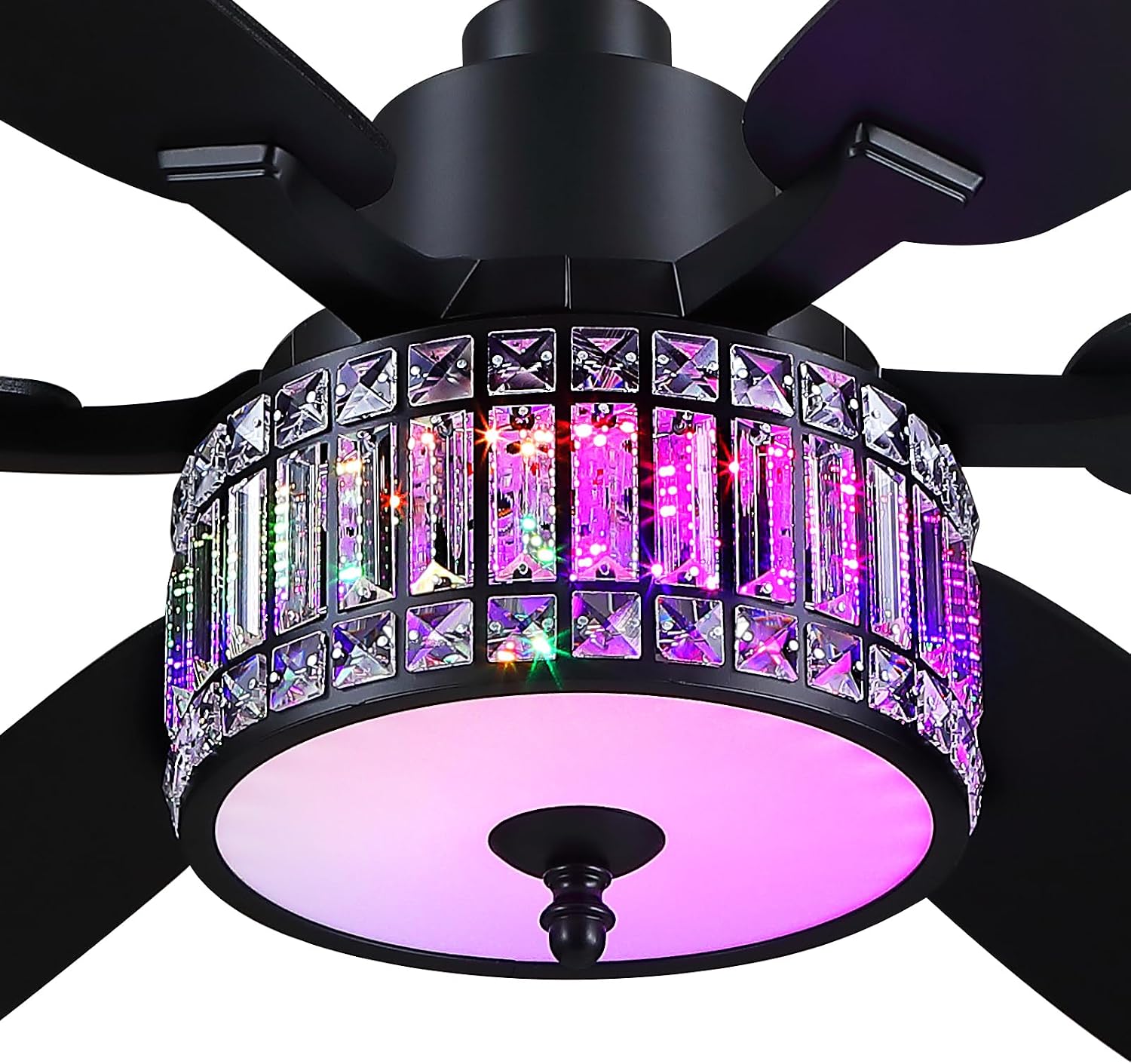 Kviflon 52 Inch Crystal Ceiling Fan with RGB Lights and Remote/APP Control, Black Fandelier Ceiling Fan with Light, Modern Chandelier Ceiling Fan for Bedroom Living Room, Quiet DC Motor, Dimmable LED