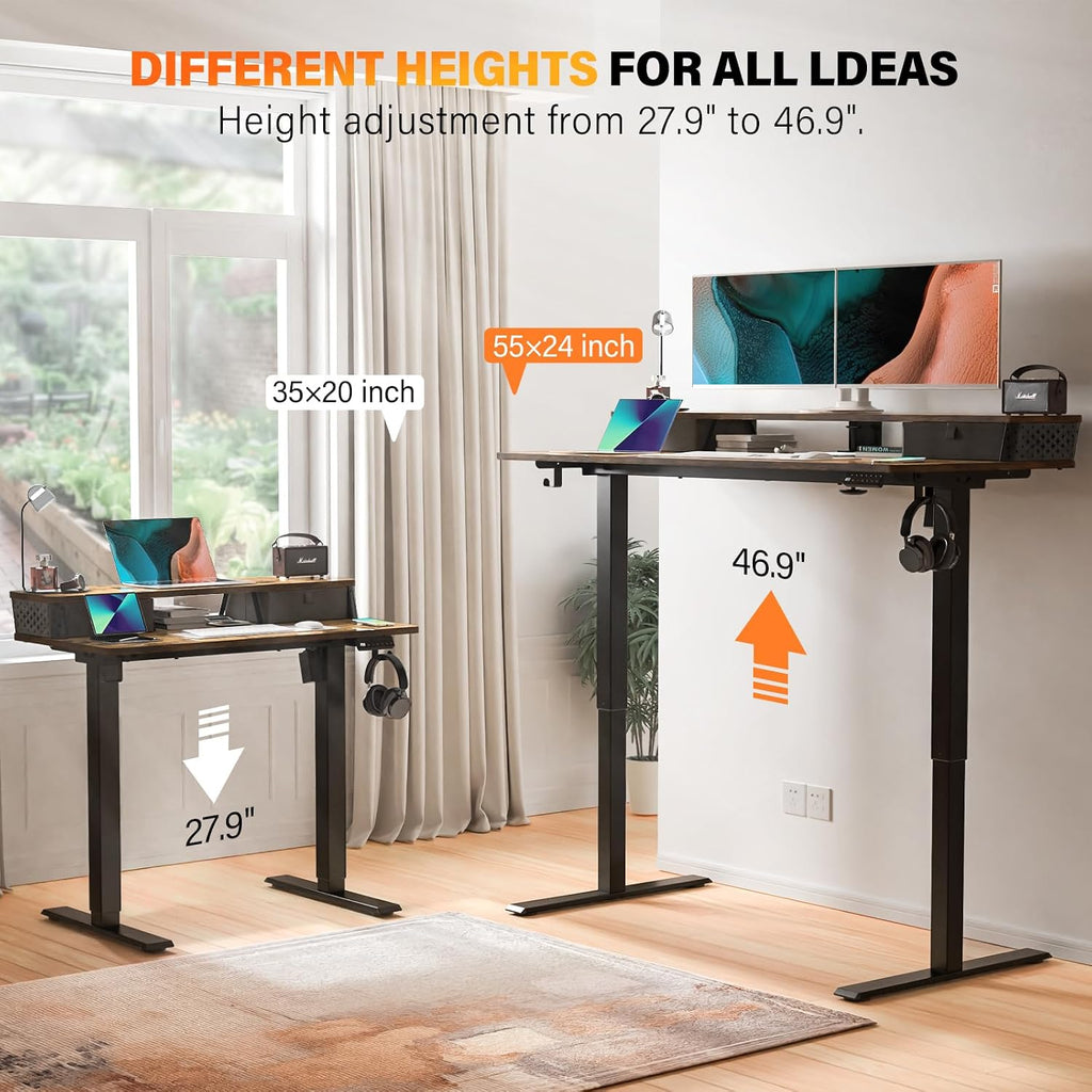 Electric Standing Desk with Two Drawers,55 x 24 Inch Sit Stand Desk Adjustable Height, Stand Up Desk with Storage Shelf, Computer Workstation for Home Office, Rustic Brown