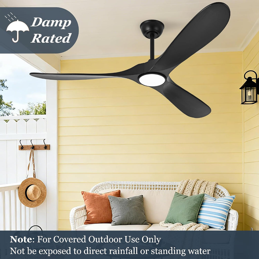 Ceiling Fan with Light and Remote, Modern Outdoor Ceiling Fans with Lights for Indoor Bedroom Living Room Patios Gazebo Wood 3 Blade Propeller High CFM Wet Rated Exterior Fan, Black 60 Inch