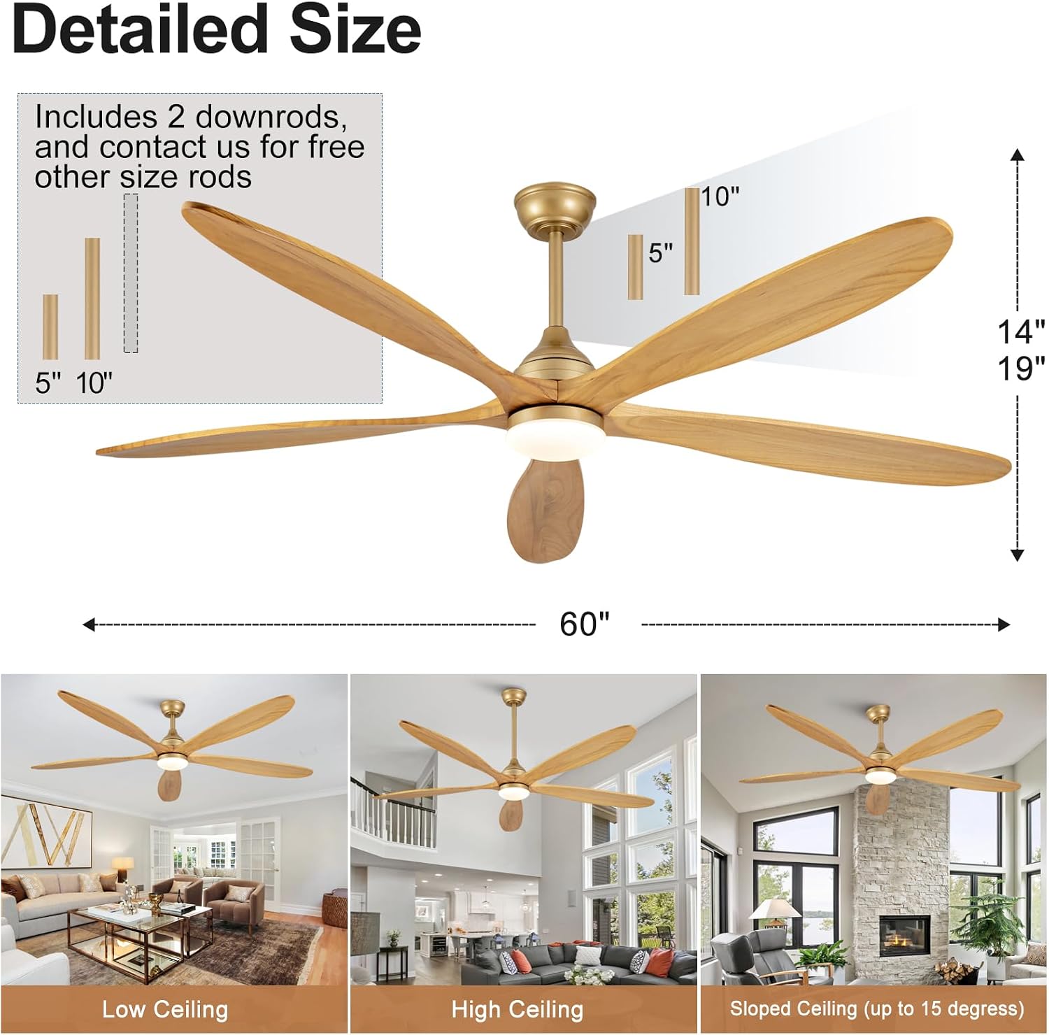 Dimmable 60 Inch Large Outdoor Ceiling Fan with Light and Remote, Wood Big Ceiling Fans with Lights and Remote Gold 5 Blade Outdoor Ceiling Fans for Patios Bedroom Living Room, 6 Speed DC Motor