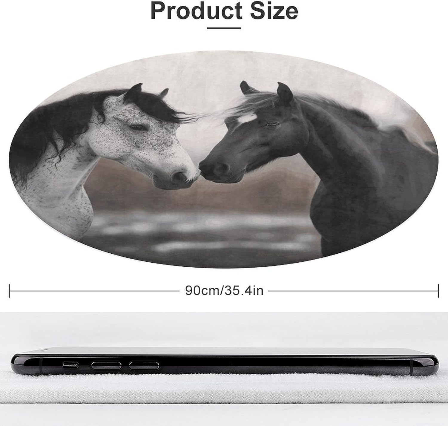 Black and White Horses Coral Velvet Round Floor Mat Non-Slip Bath Rug Floor Covering for Bathroom Vanity Guest Suite & Vacation Home