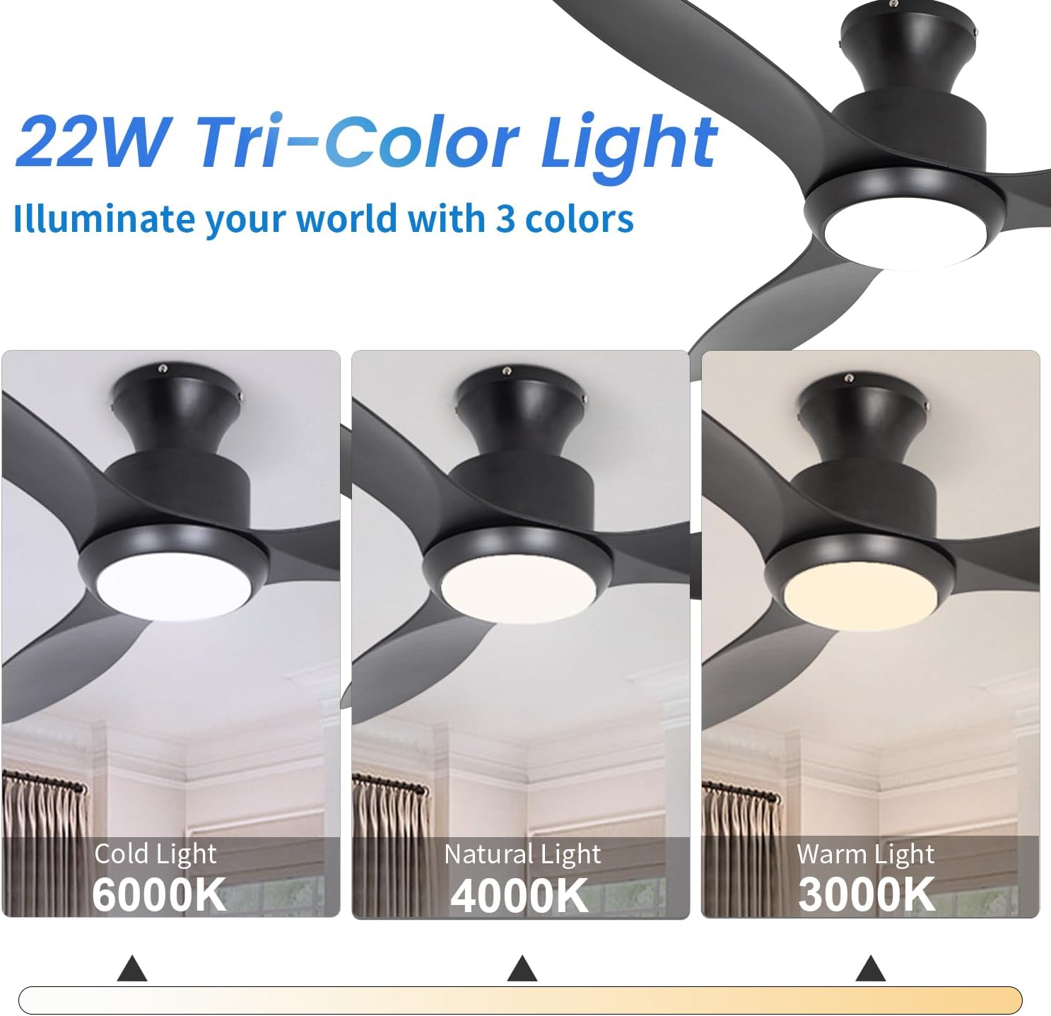 48' Ceiling Fan with Light and Remote, Black Flush Mount Ceiling Fan with 3 Blades,3 Color Dimmable Lights, 6 Speeds, Queit DC Motor, Memory Function, Indoor/Outdoor/Bedroom/Living Room/Patios, Black