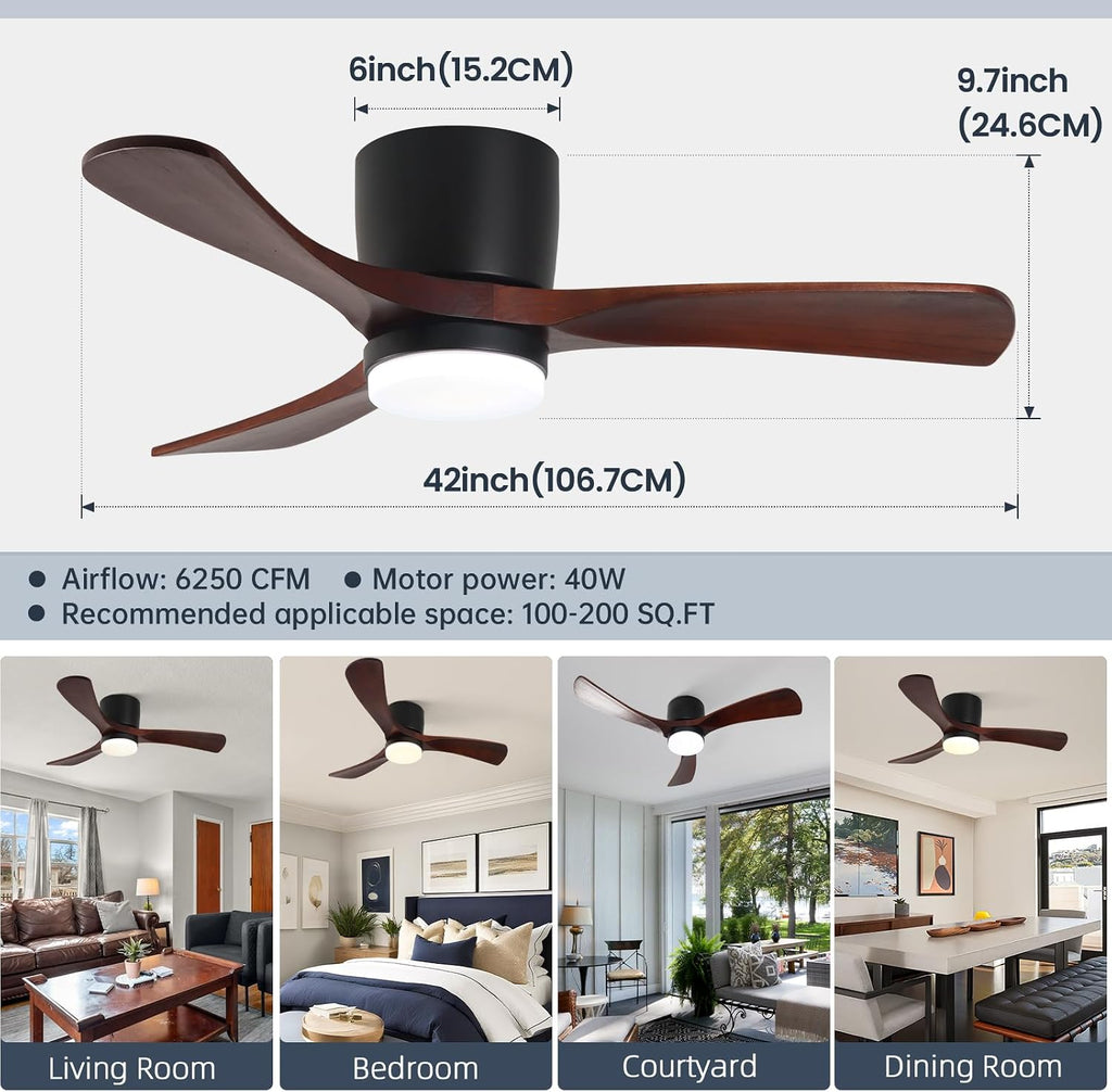 GESUM 42' Ceiling Fan with Lights Remote Control, Low Profile Ceiling Fan with 3 Walnut Wood Blades, Reversible,Dimmable, Flush Mount Ceiling Fans for Living Room Kitchen Bedroom(Black+Walnut)