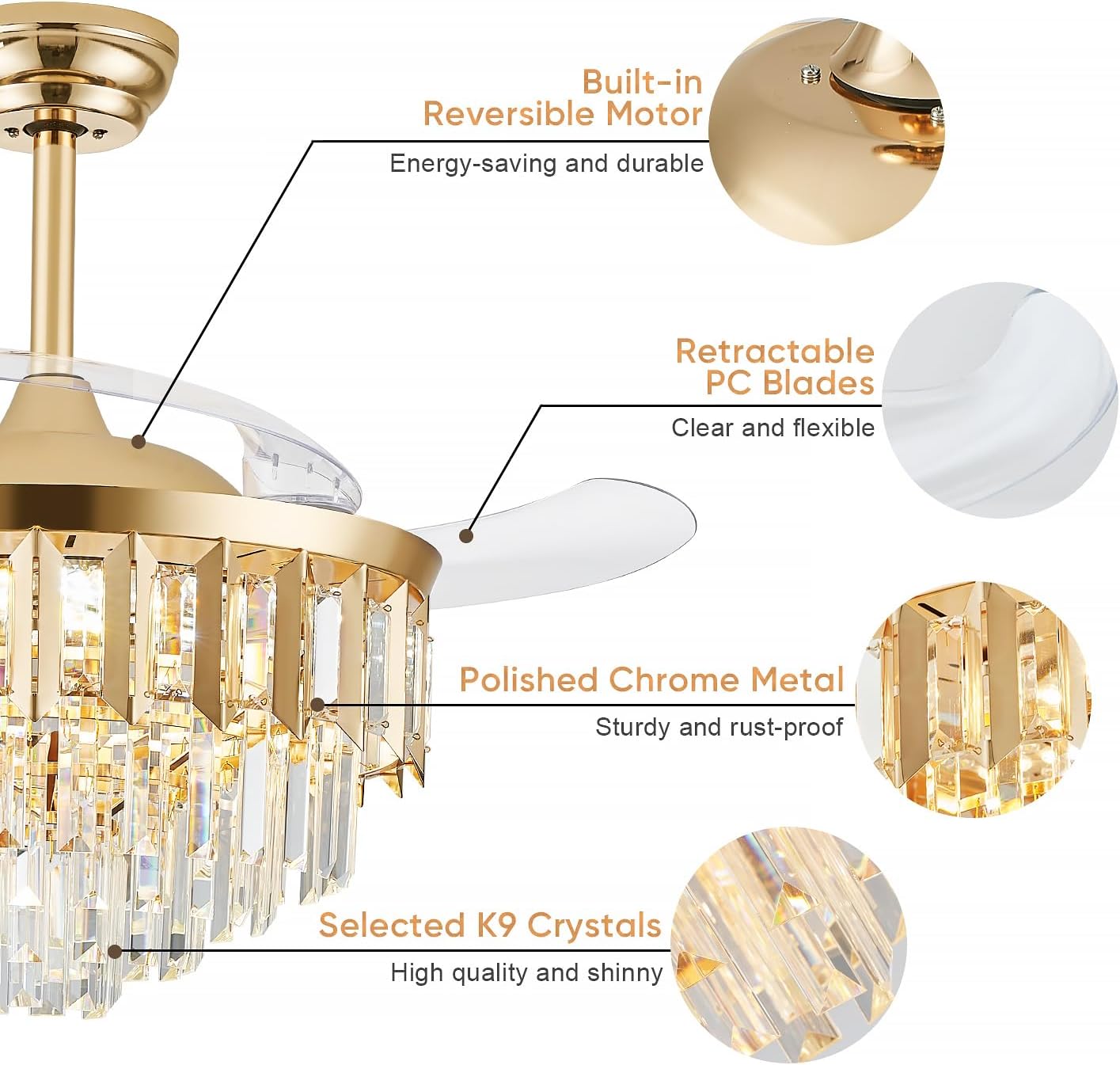 TXCSLY 48' Fandelier Ceiling Fan with Light, Crystal Chandelier Fan with Retractable Blades Dimmable Crystal Ceiling Fan Chandelier for Bedroom Living Room Dining Room-Gold