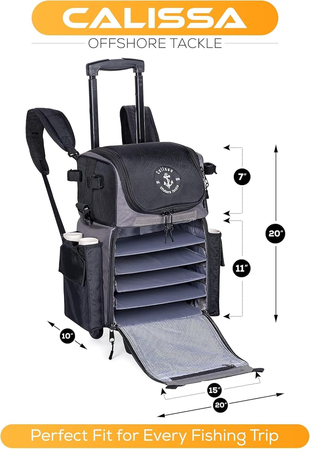 'Recon' Rolling Fishing Backpack, Tackle Box Storage Bag - Non-Corrosive Fishing Tackle Bag with (5X) 3650 Boxes - Fisherman Gifts for Men, Bags, Backpacks and Box Organizer