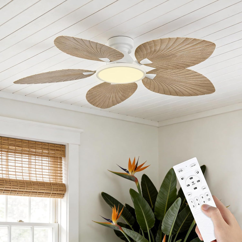 52 Inch Flush Mount Ceiling Fan with Light and Remote, Low Profile Hugger Ceiling Fan with Boho Palm Leaf Blades, Quiet DC Motor, Dimmable LED, for Bedroom, Living Room, Covered Patio