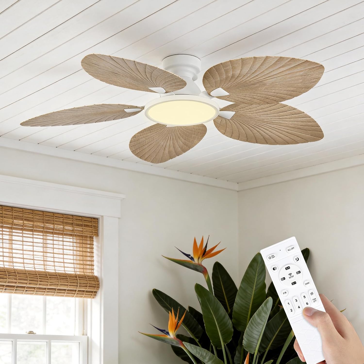 52 Inch Flush Mount Ceiling Fan with Light and Remote, Low Profile Hugger Ceiling Fan with Boho Palm Leaf Blades, Quiet DC Motor, Dimmable LED, for Bedroom, Living Room, Covered Patio