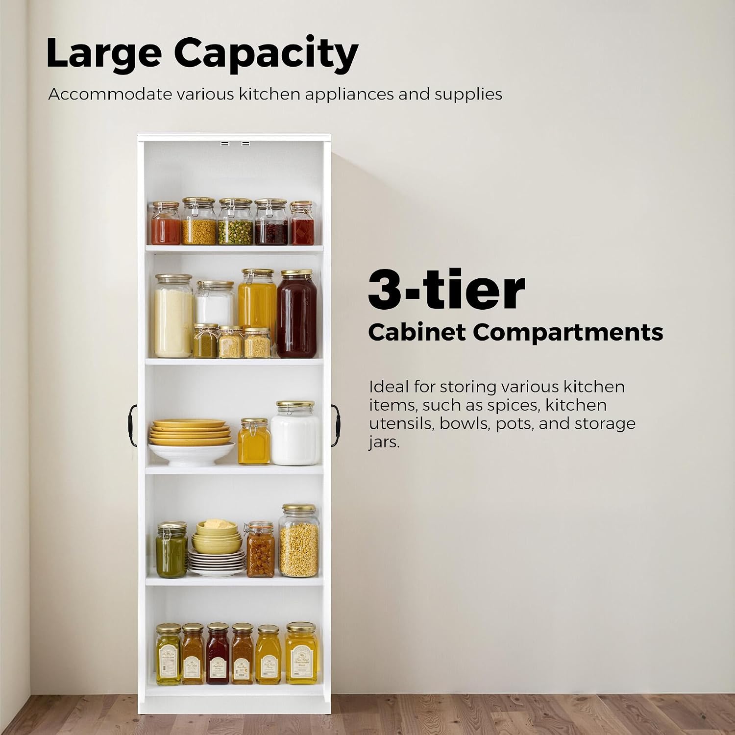 Storage Cabinet/Pantry cabinets, Soft White Finish, 71' Tall Wood Cupboard with 2 Door and 3 Adjustable Shelves for Kitchen, Dining Room, Living Room, Bathroom (Style 1) | Wood Cupboard