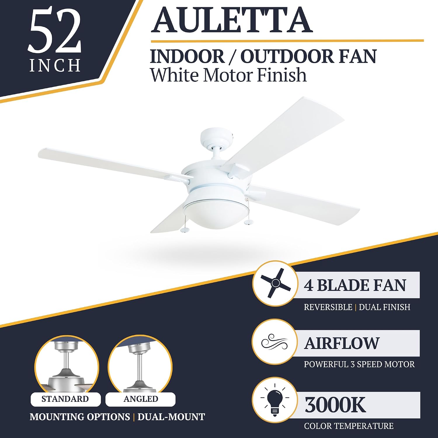 Prominence Home Auletta, 52 Inch Contemporary Indoor Outdoor Ceiling Fan with Light, Pull Chain, Dual Mounting Options, Dual Finish Blades, Reversible Motor - 50344-01 (White)