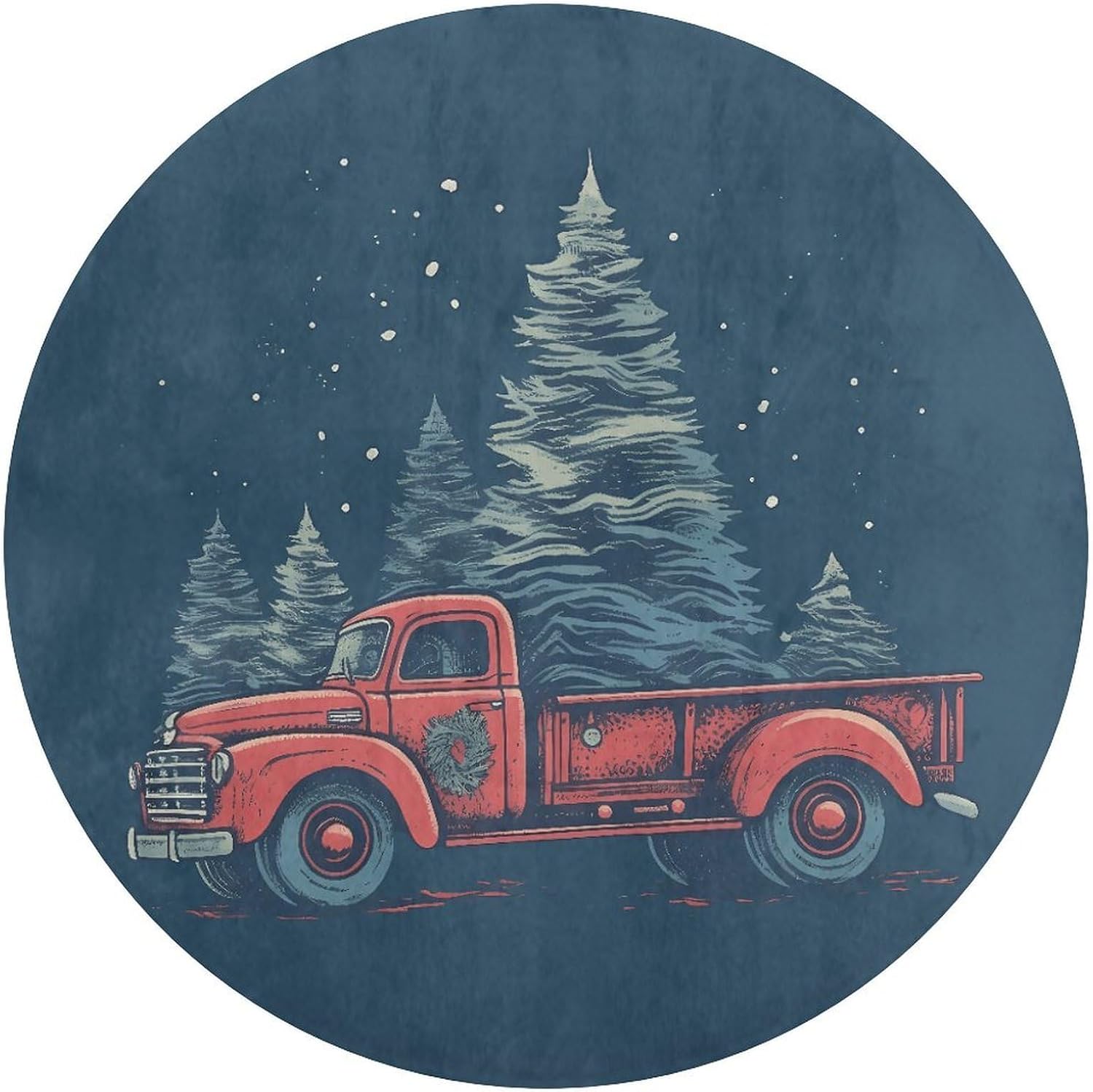 Red Truck with Christmas Tree Coral Velvet Round Floor Mat Non-Slip Bath Rug Floor Covering for Bathroom Vanity Guest Suite & Vacation Home