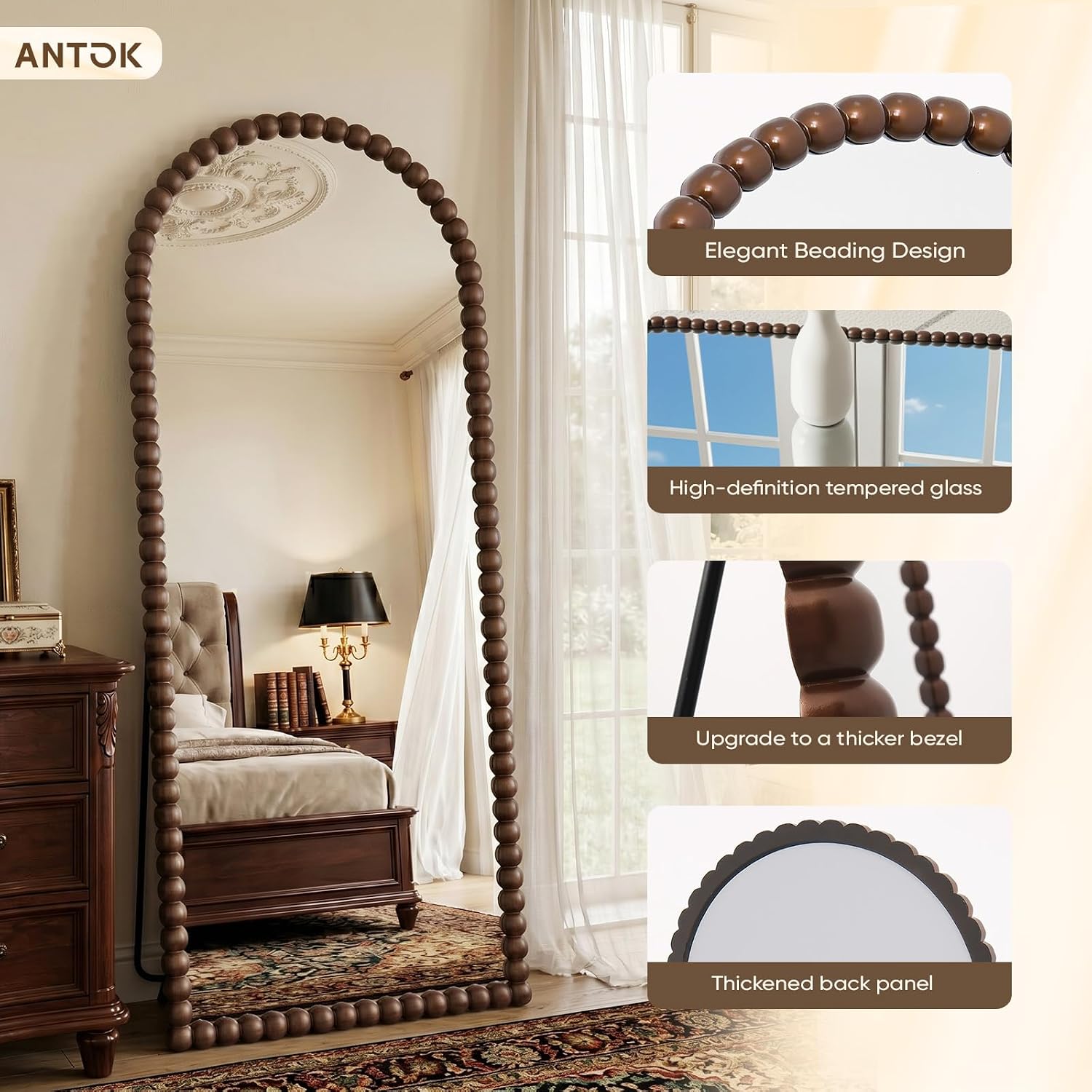 Antok 58' x 21' Arched Full Length Mirror, Antique Beaded Frame Floor Standing or Wall Mounted Mirror with Stand for Bedroom, Entryway, Brown, Luxury Style