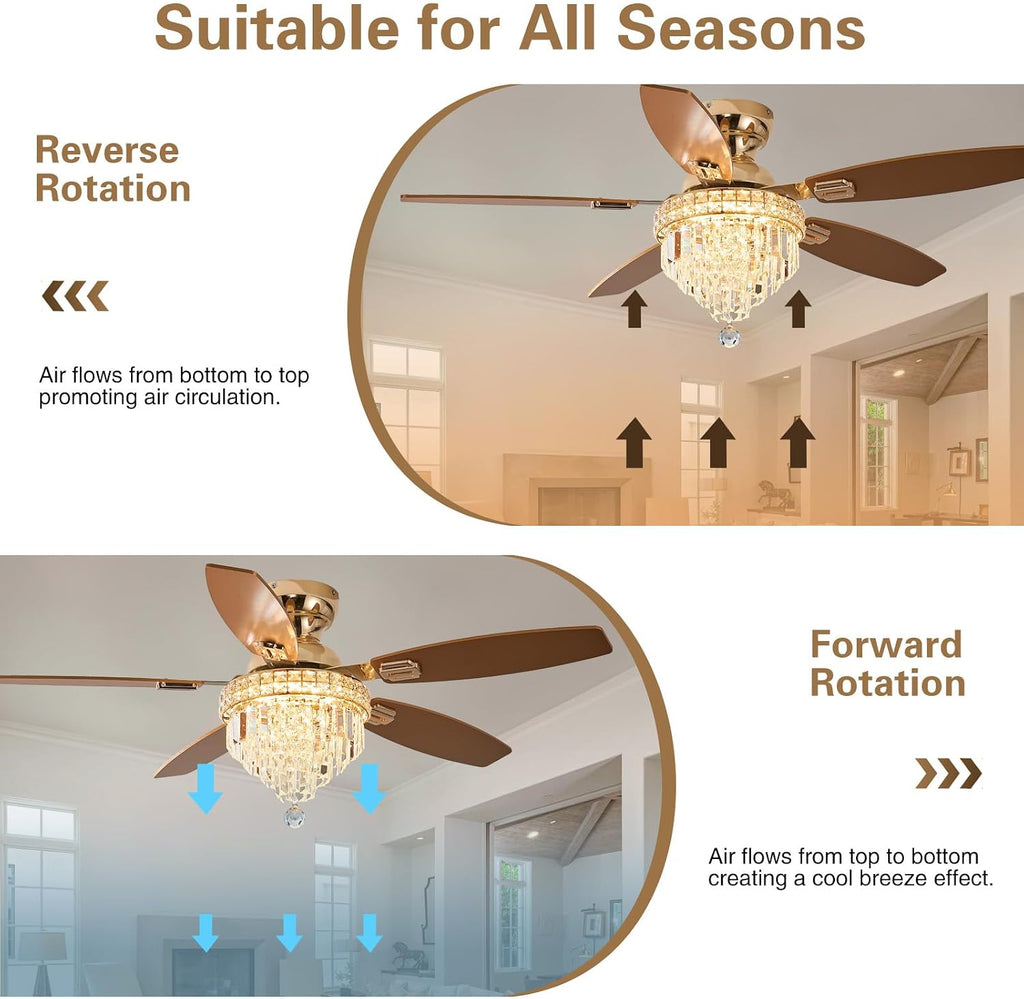 Crystal Ceiling Fan Fandelier with Lights-Ceiling Fans with Lights,50' Low Profile and Remote Control, Flush Mount, Reversible, Dimmable, Noiseless,Ceiling Fan for Bedroom（Gold）