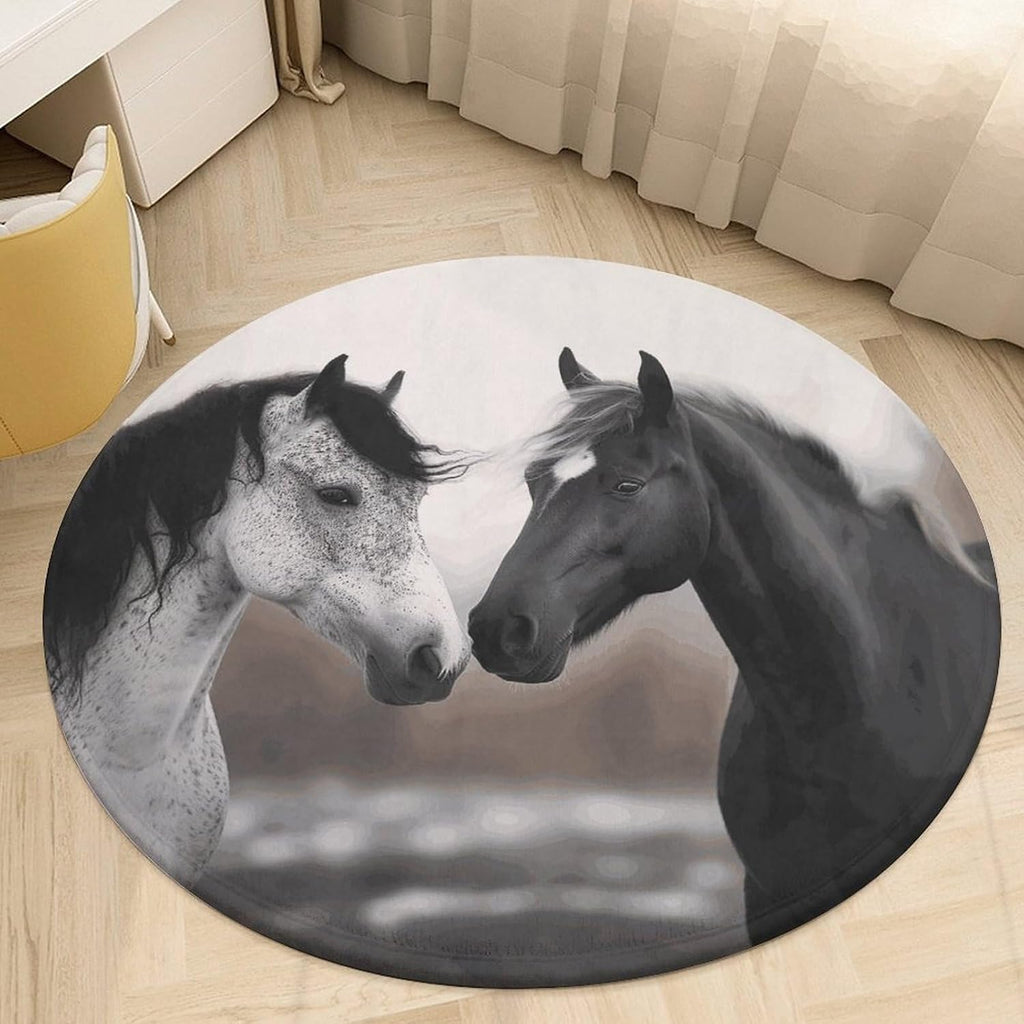 Black and White Horses Coral Velvet Round Floor Mat Non-Slip Bath Rug Floor Covering for Bathroom Vanity Guest Suite & Vacation Home