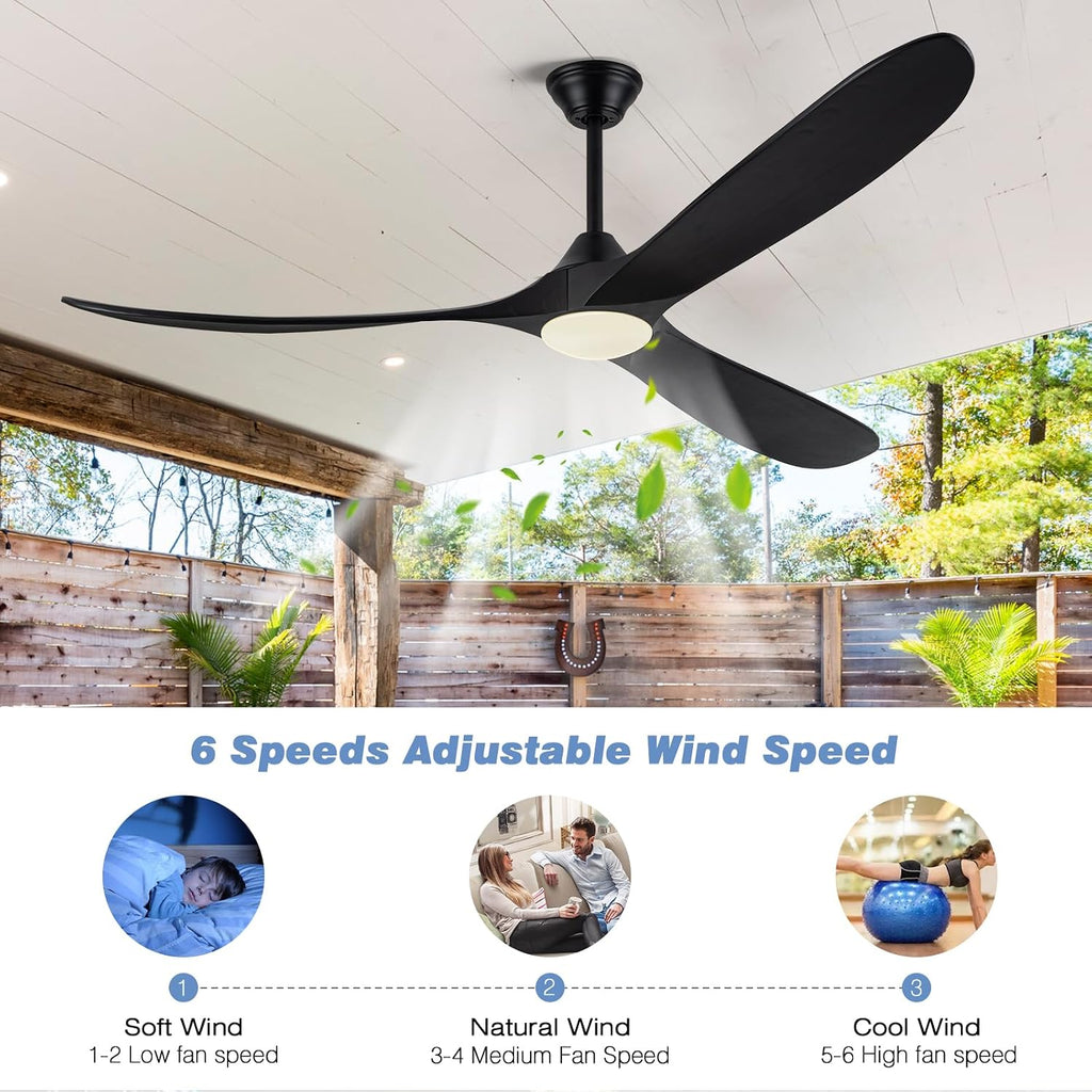 70 Inch Black Outdoor Ceiling Fan with Lights, Damp Rated for Patio Porch, High CFM Quiet DC Motor, 3 Solid Wood Propeller Blades, Modern Rustic Farmhouse Style, for Large Living Room Commercial Use