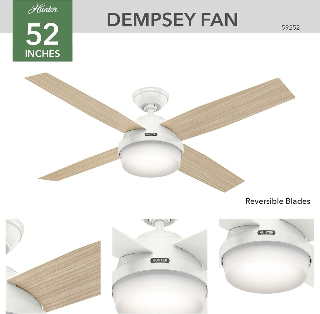Hunter 52 inch Outdoor or Indoor Ceiling Fan with LED Light and Remote Control - White Ceiling Fan, Standard Mount, 4 Blades, For Patio, Porch, Garage, or Living Room - Dempsey 59252, Fresh White