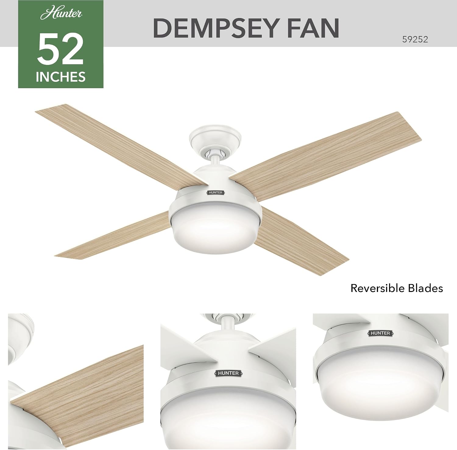 Hunter 52 inch Outdoor or Indoor Ceiling Fan with LED Light and Remote Control - White Ceiling Fan, Standard Mount, 4 Blades, For Patio, Porch, Garage, or Living Room - Dempsey 59252, Fresh White