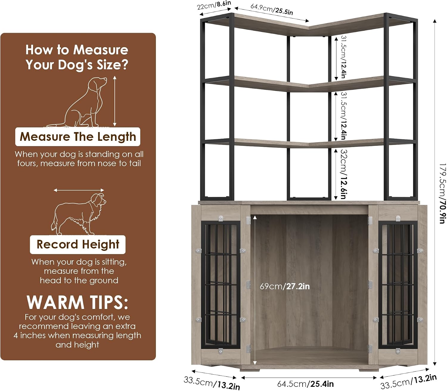 FACBOTALL Corner Dog Crate Furniture with Storage, Decorative Large Dog Kennel Indoor Furniture with Double Doors, 2 Safety Locks, 4-Tier Shelves, Large Dog Cage Furniture for Medium and Big Dogs