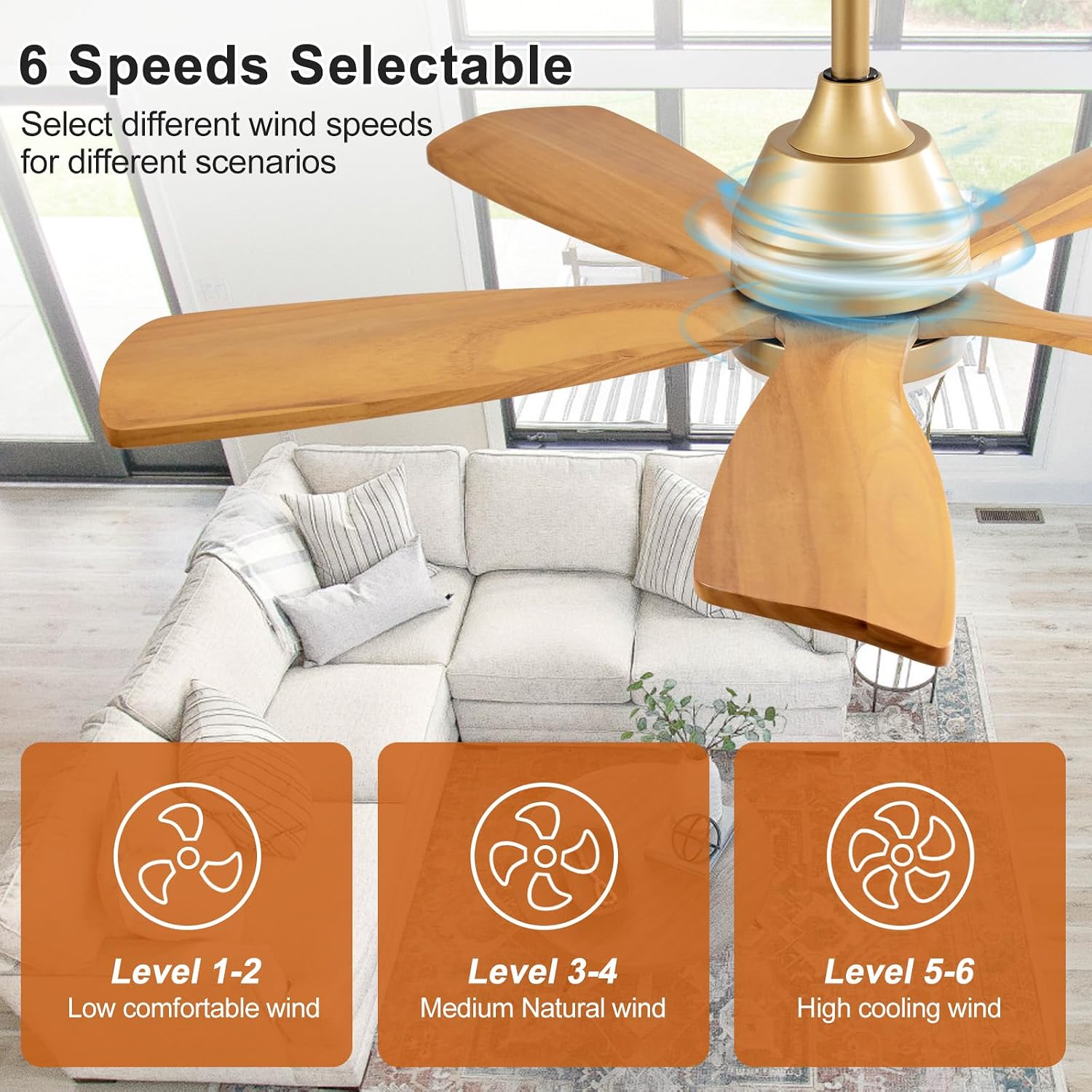 42 Inch Ceiling Fans with Lights and Remote, 5 Blades Wood Ceiling Fan with Light, Dimmable, Wall Switch, Reversible DC Motor, Modern Indoor Outdoor Ceiling Fans for Patios Bedroom (Gold)