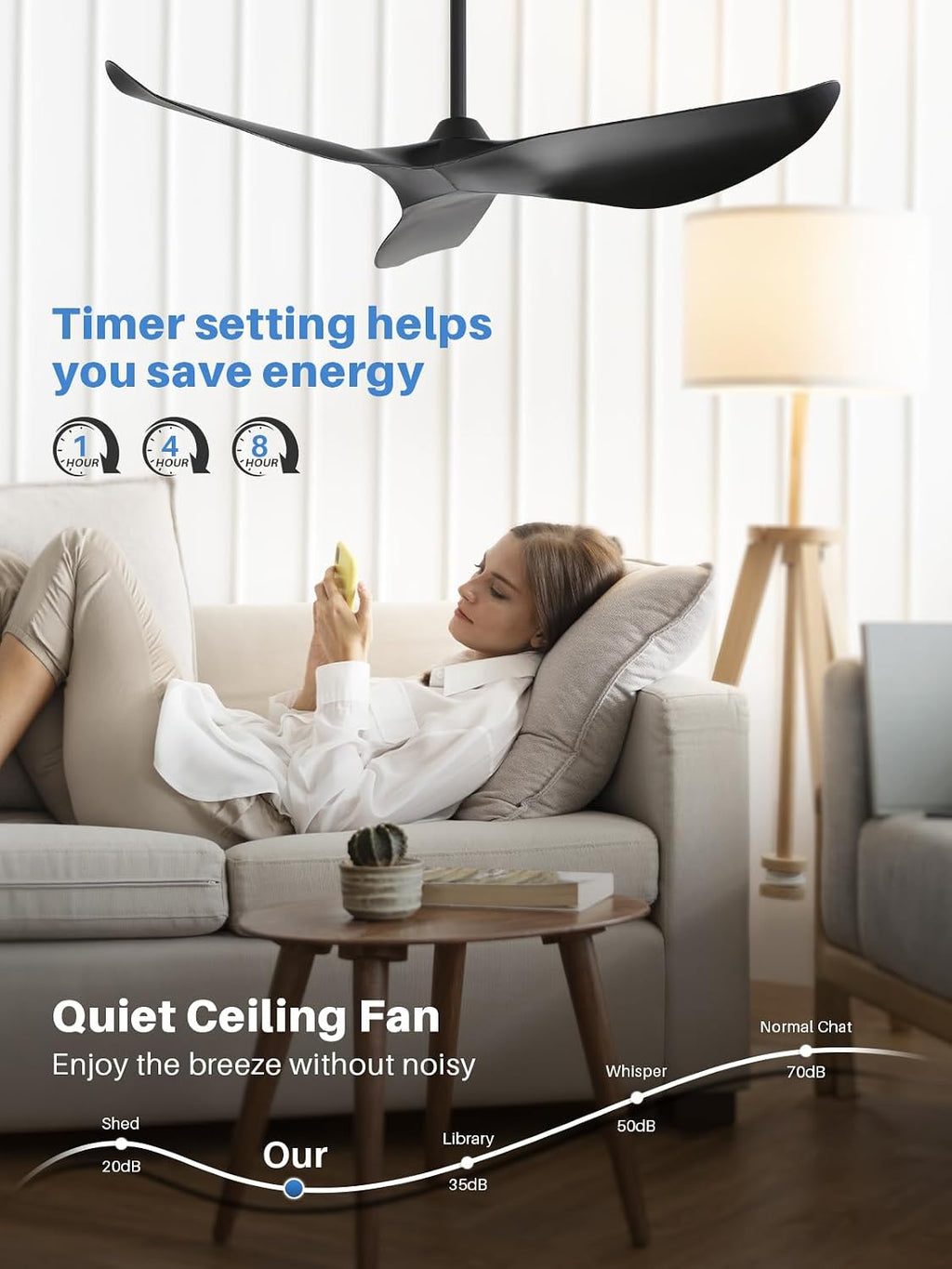 Sofucor 38 Inch Ceiling Fan No Light, Modern Black Ceiling Fan with Remote Control, Quiet Reversible DC Motor, 6-Speed Noiseless Indoor Ceiling Fan for Bedroom Living Room Covered Patio Porch