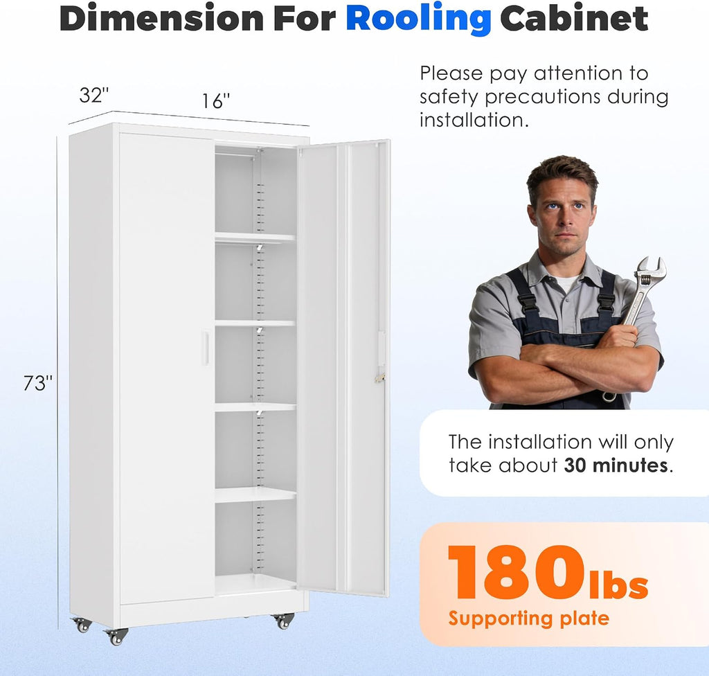INTERGREAT Metal Storage Cabinet with Wheels, 73' Garage Storage Cabinet with Door and 4 Shelves, Tool Cabinet on Caster for Home, Office, White