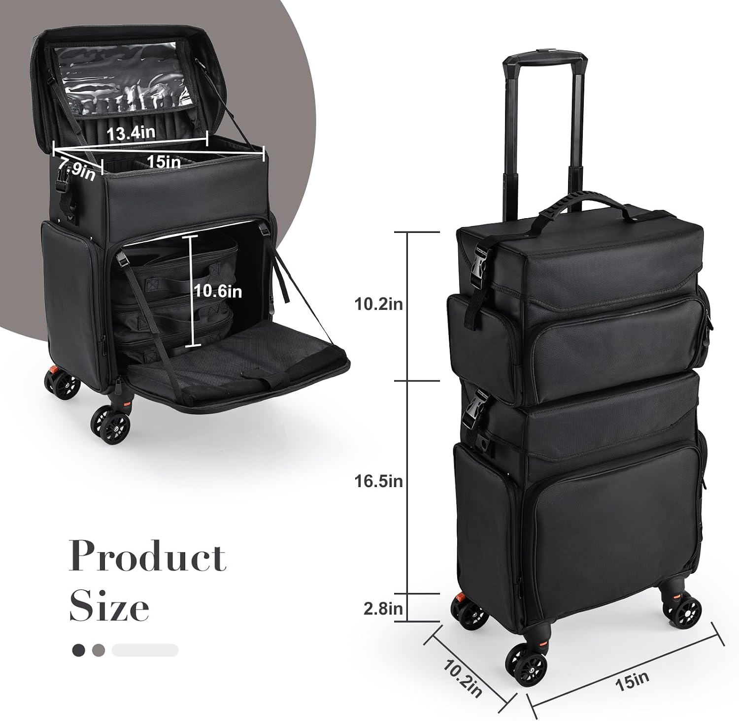 Stagiant Professional Rolling Makeup Case, Soft Sided Make up Train Case, Travel Organizer Portable with Wheel for Makeup Artist Cosmetology Nail Technician Hair Stylist Supplies, 2 In 1 Nylon Black