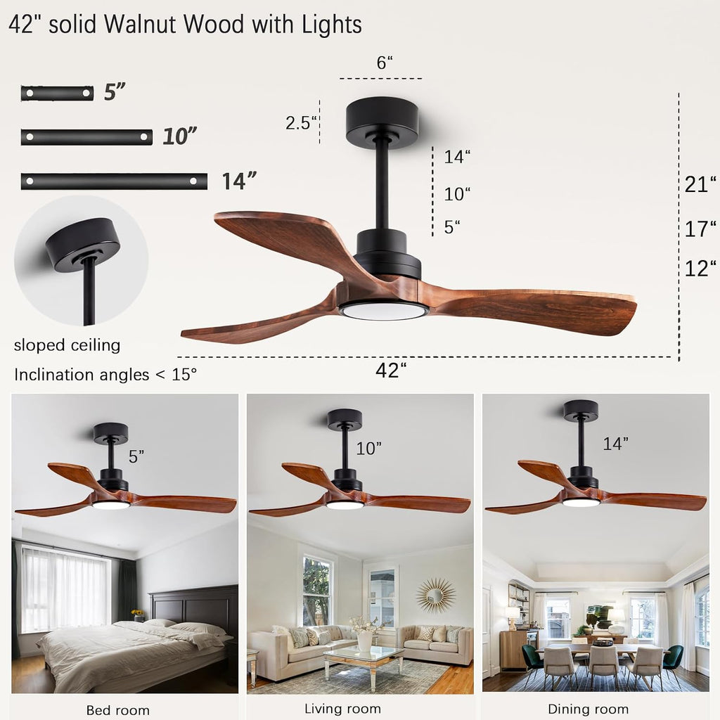 42-inch Ceiling Fan Light with Remote Control, Featuring 3 Wooden Blades, Reversible DC Motor, Timer Function, and 6-Speed Adjustment Suitable for Offices and bedrooms. Black + Walnut Color.