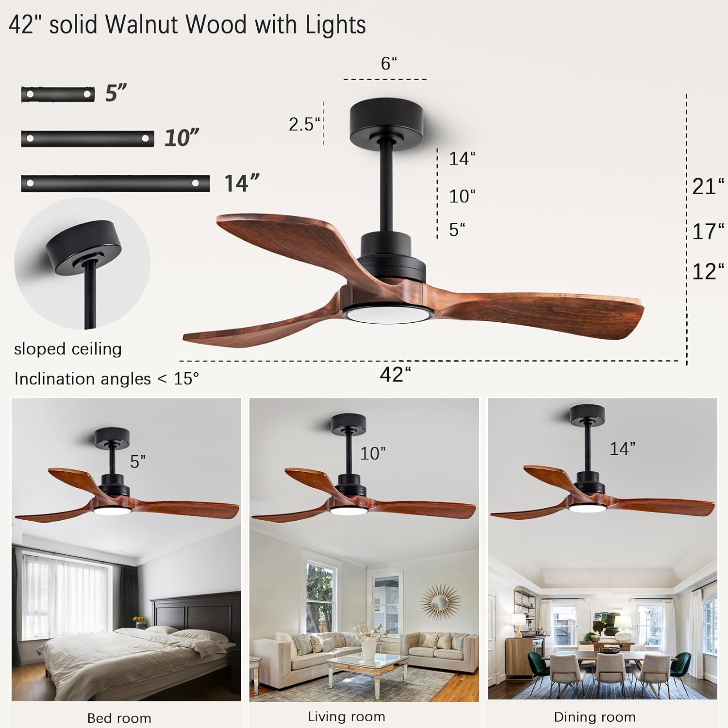 42-inch Ceiling Fan Light with Remote Control, Featuring 3 Wooden Blades, Reversible DC Motor, Timer Function, and 6-Speed Adjustment Suitable for Offices and bedrooms. Black + Walnut Color.