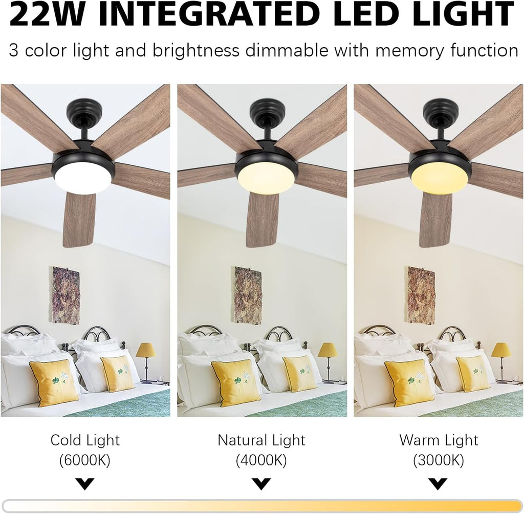 Ceiling Fans with Lights,52 inch Ceiling Fan with Remote,5 Dual Blades,3 Color Light,DC Motor,6 Speed,for Bedroom/Outdoor/Farmhouse/Patios,Wood Ceiling Fan Black