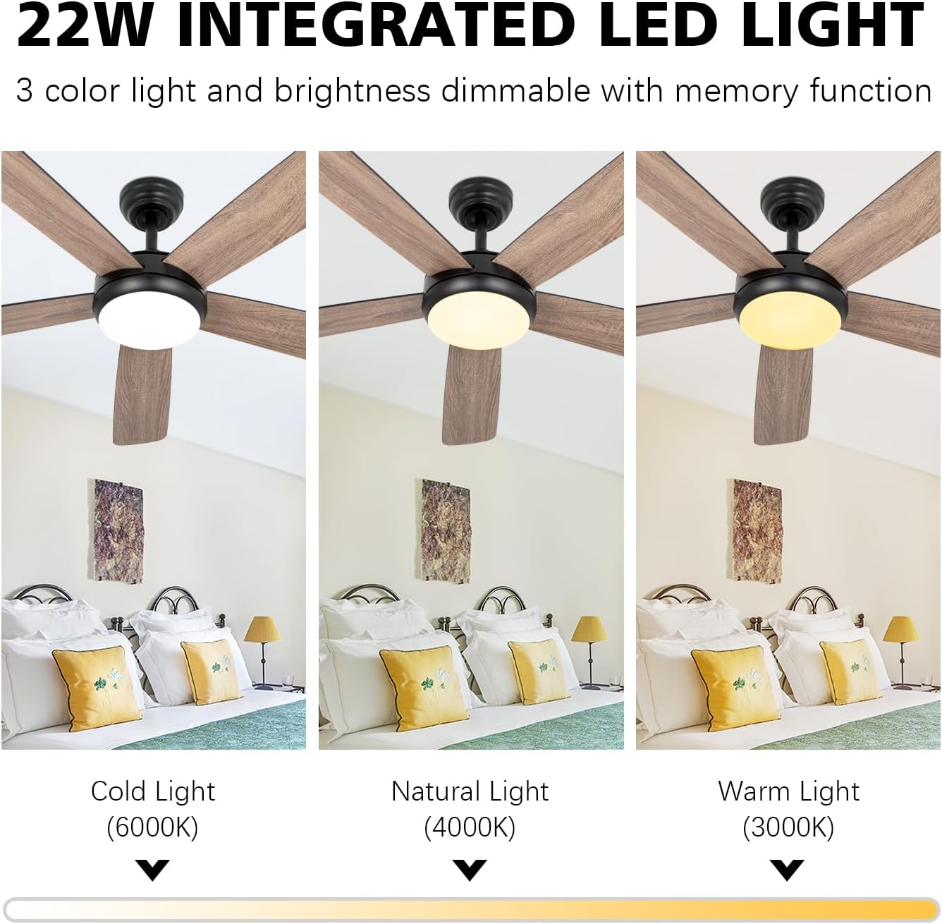 Ceiling Fans with Lights,52 inch Ceiling Fan with Remote,5 Dual Blades,3 Color Light,DC Motor,6 Speed,for Bedroom/Outdoor/Farmhouse/Patios,Wood Ceiling Fan Black